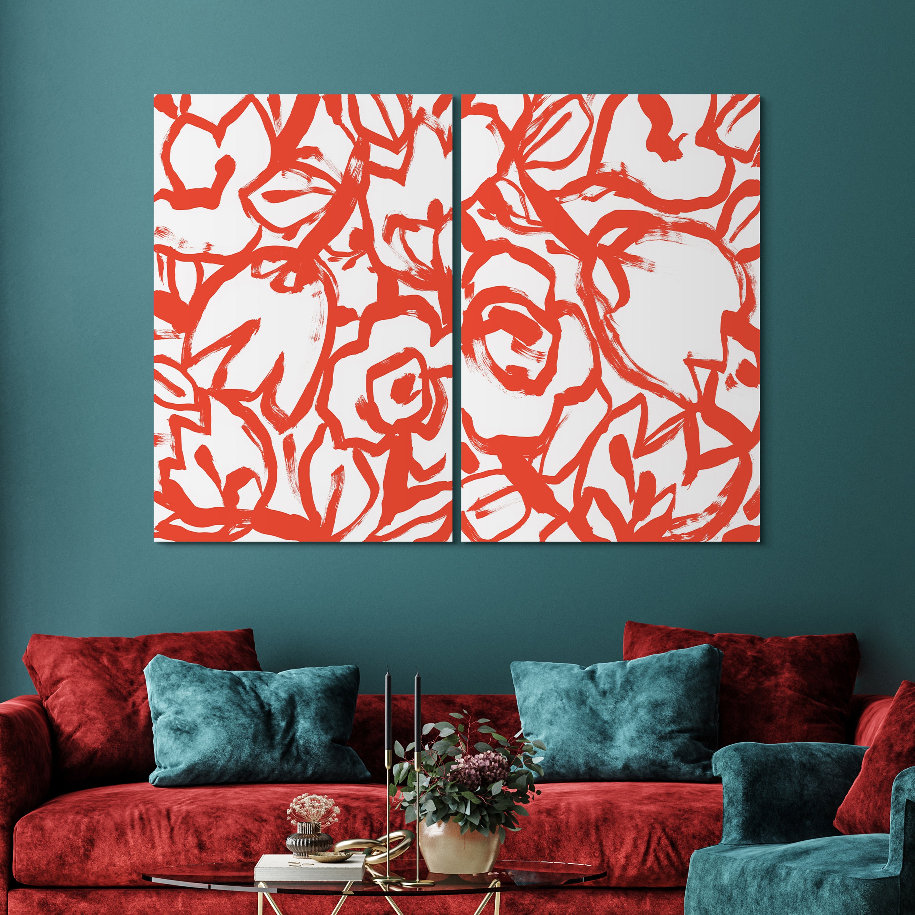 Scarlet Blooms Red Floral Tempered Glass Wall Art Set