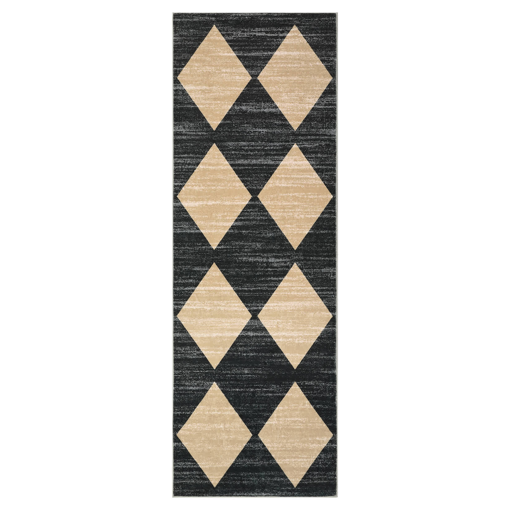 Qeetex SUNNY-PHK-33KHQ53Y 2 x 6 ft Polyester Black/Taupe Rectangular Laundry Bathroom Kitchen Modern Geometric Diamond Print Machine Washable Runner Rug