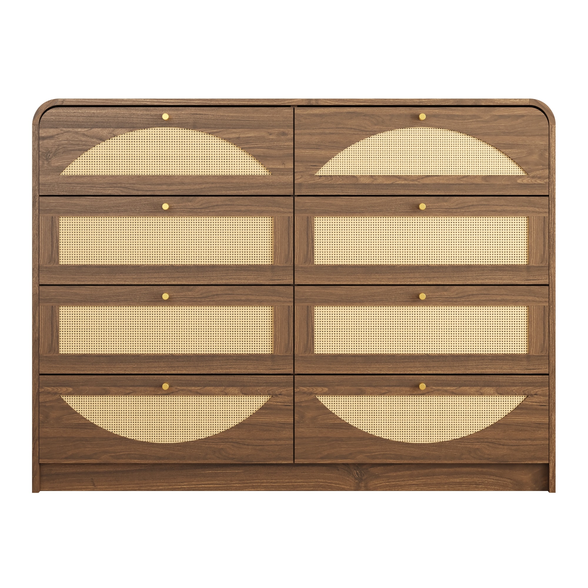 Wooakway - Walnut 8 Drawer Dresser 47.2in Wide Wooden Chest with Woven Rattan Drawer Fronts Boho ...
