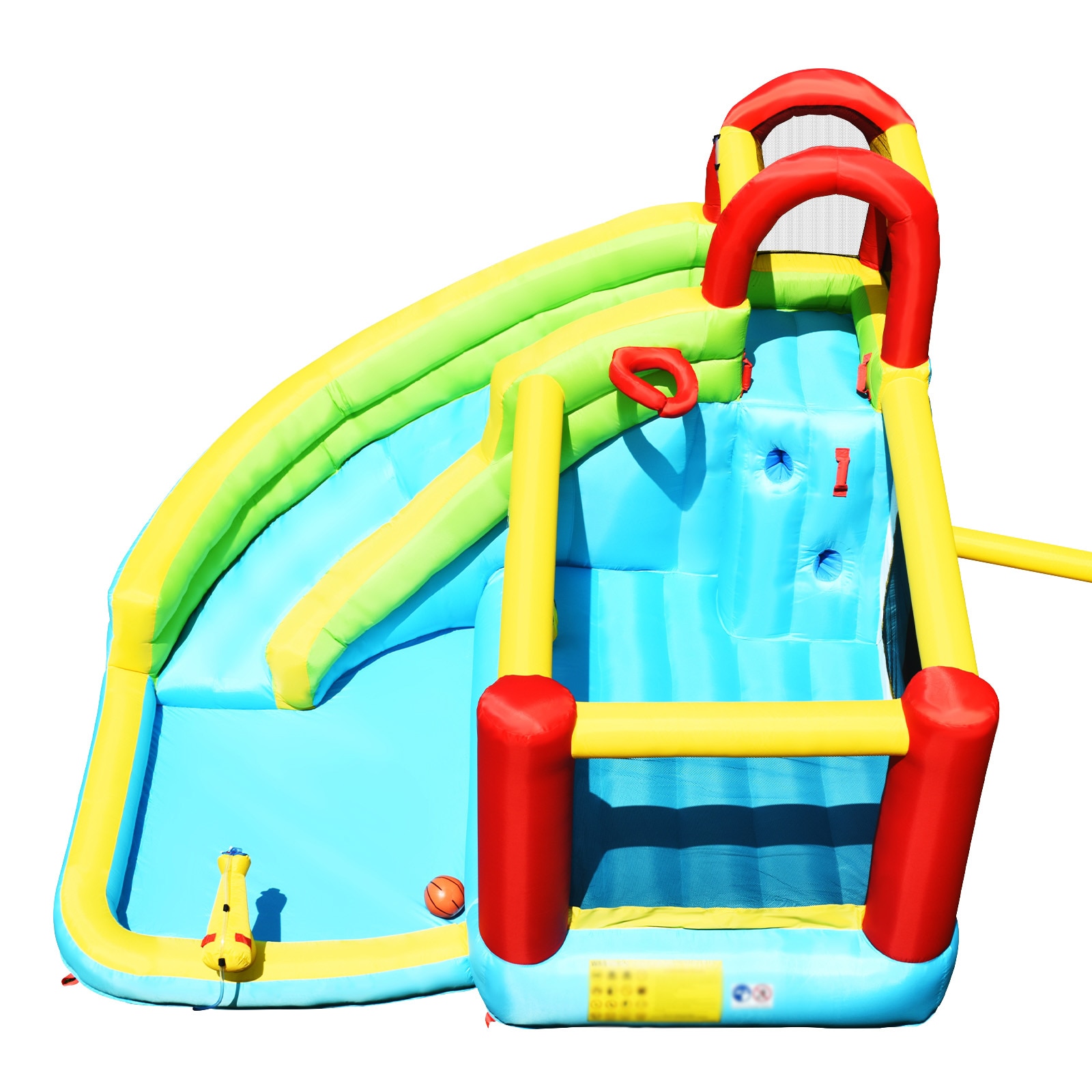 Slickblue D-CO-01407PO Island-Themed Inflatable Water Slide with Splash Pool and Climbing Wall – 11-Ft Oxford Cloth PVC Outdoor Backyard Play Center - Multicolor