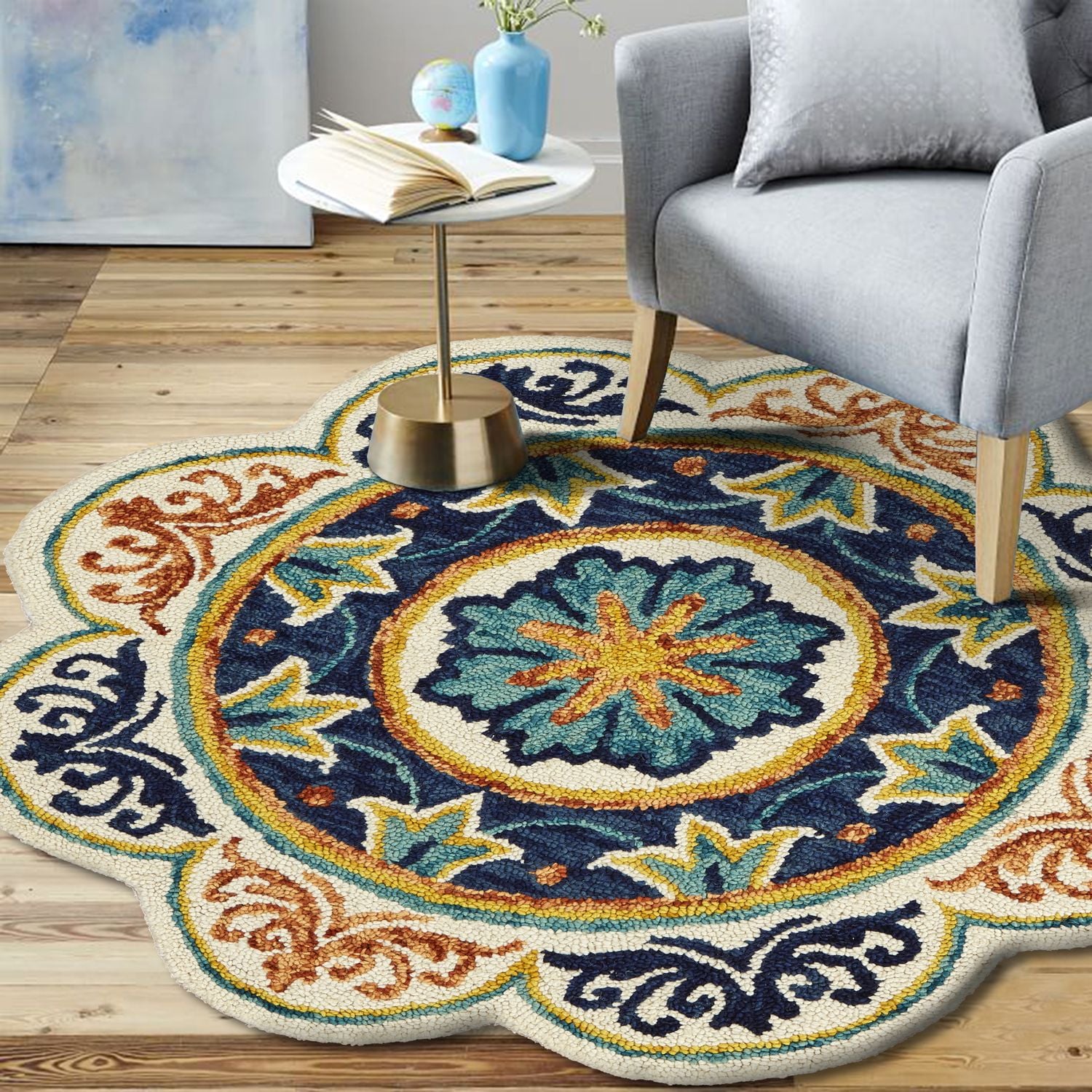 LR Home Floral Oasis Area Rug, 4' Round, Beige