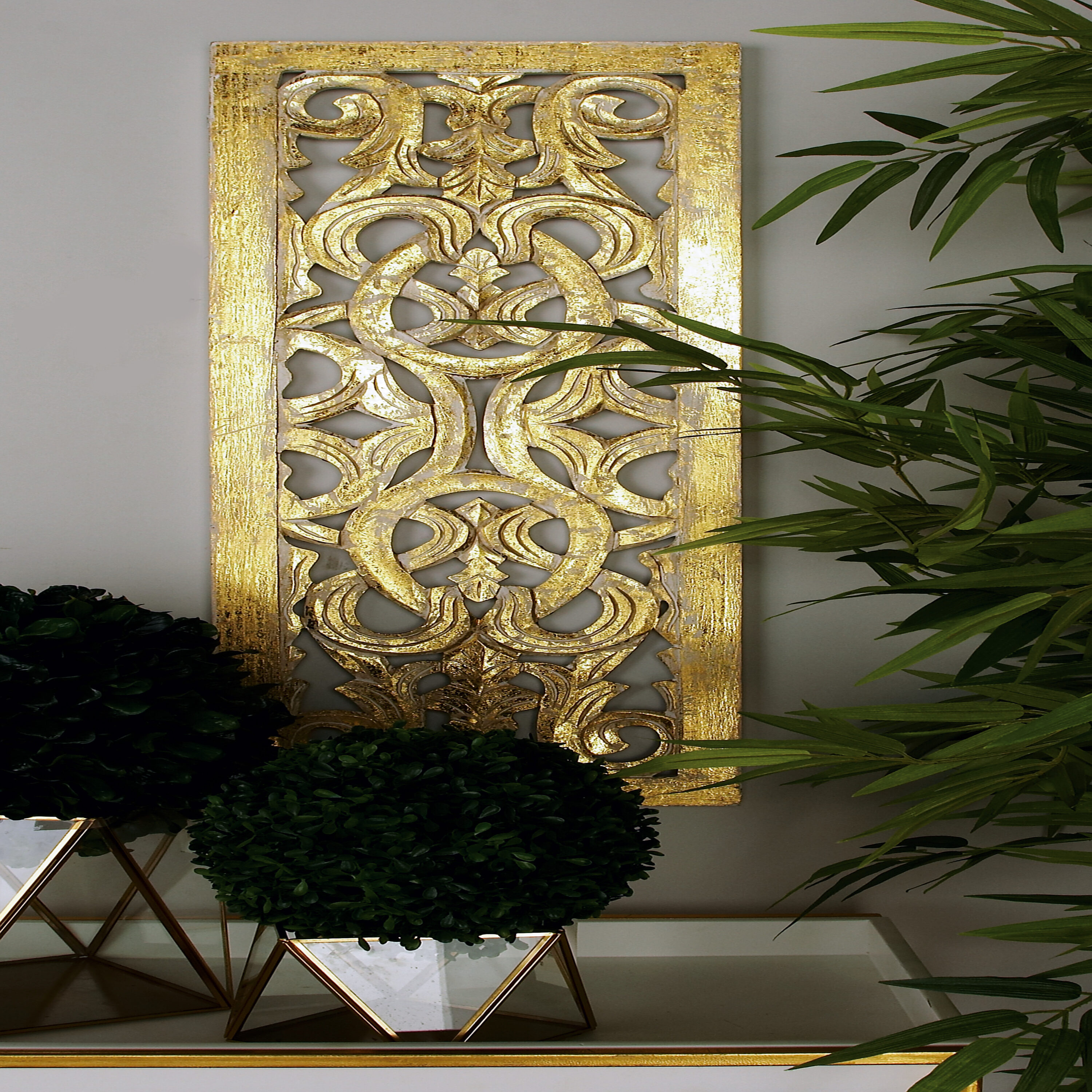 Gold Carved Wooden Floral Scroll Wall Decor Panel