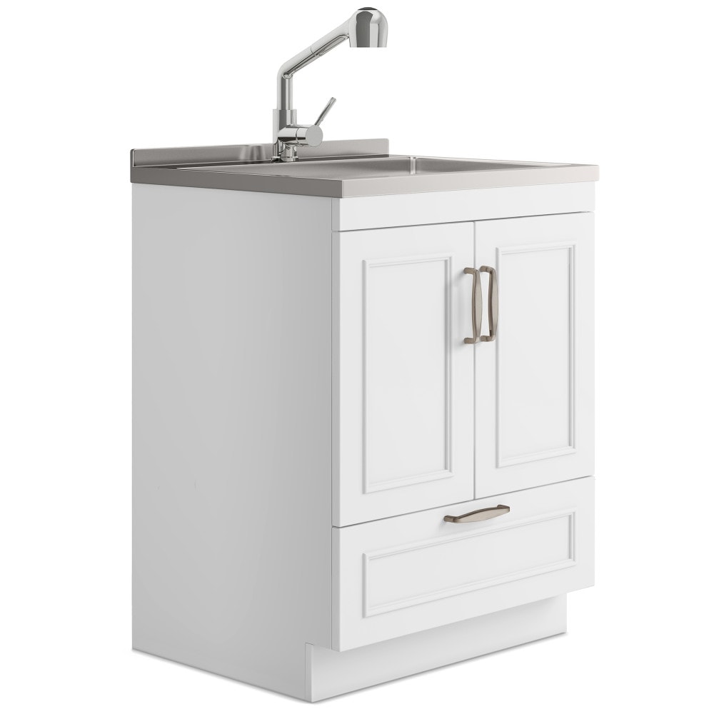 Simpli Home Guilford Freestanding 1-Basin Pure White Laundry Sink with Cabinet, Drain, and Faucet