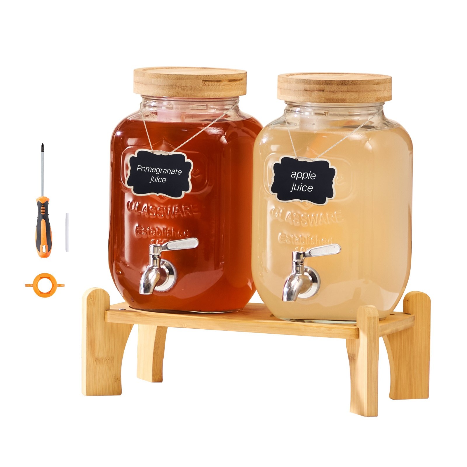 Mecale Glass 2-Pack 1-Gallon Dual Cylinder Beverage Dispenser with Wood Stand Stainless Steel Spigot and Infuser Clear