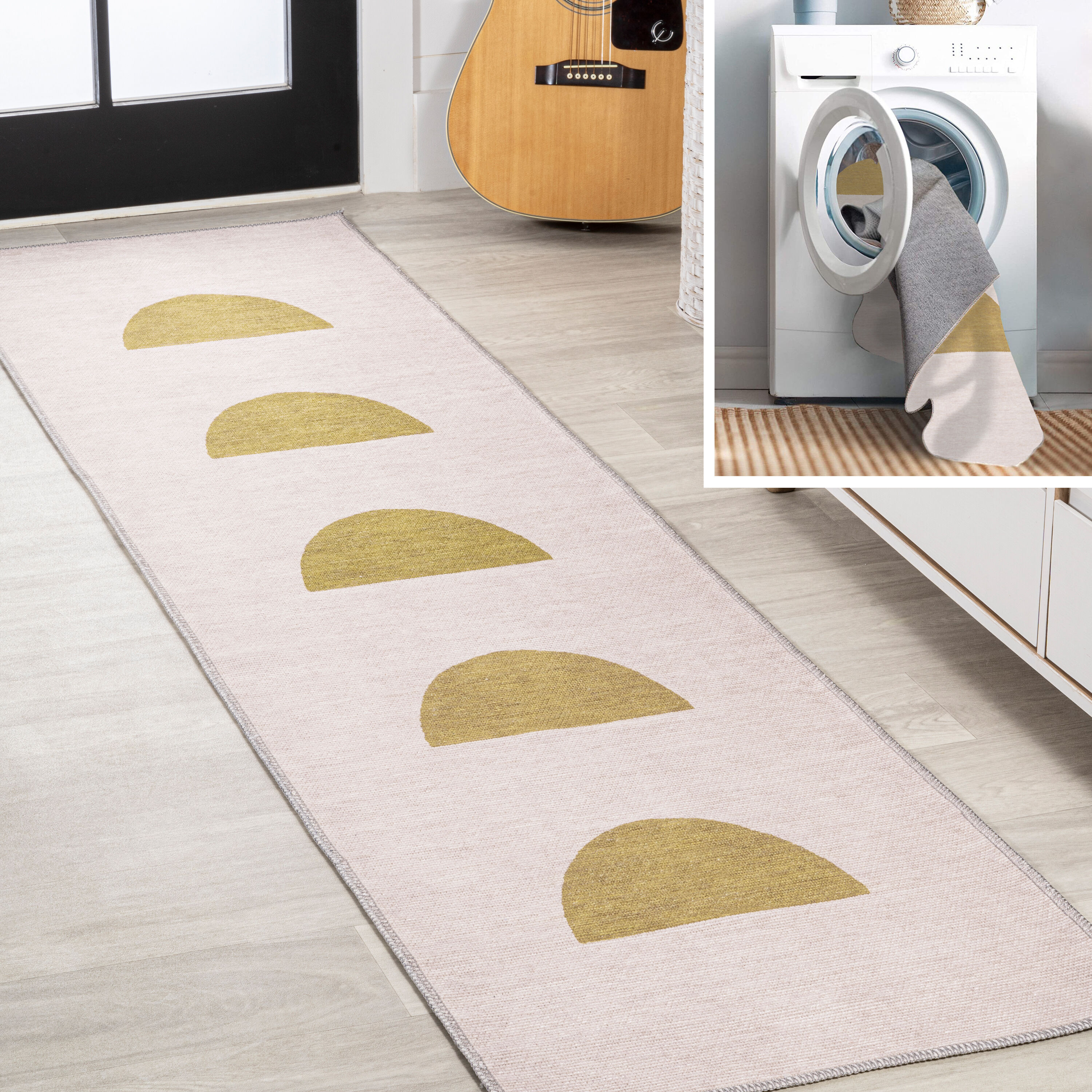JONATHAN  Y WSH112A-28 WASHABLE Luola Minimalist Geometric 2 x 8 (ft) Loomed Polypropylene Cream/Yellow Rectangular Indoor Abstract Bohemian/Eclectic Machine washable Runner rug