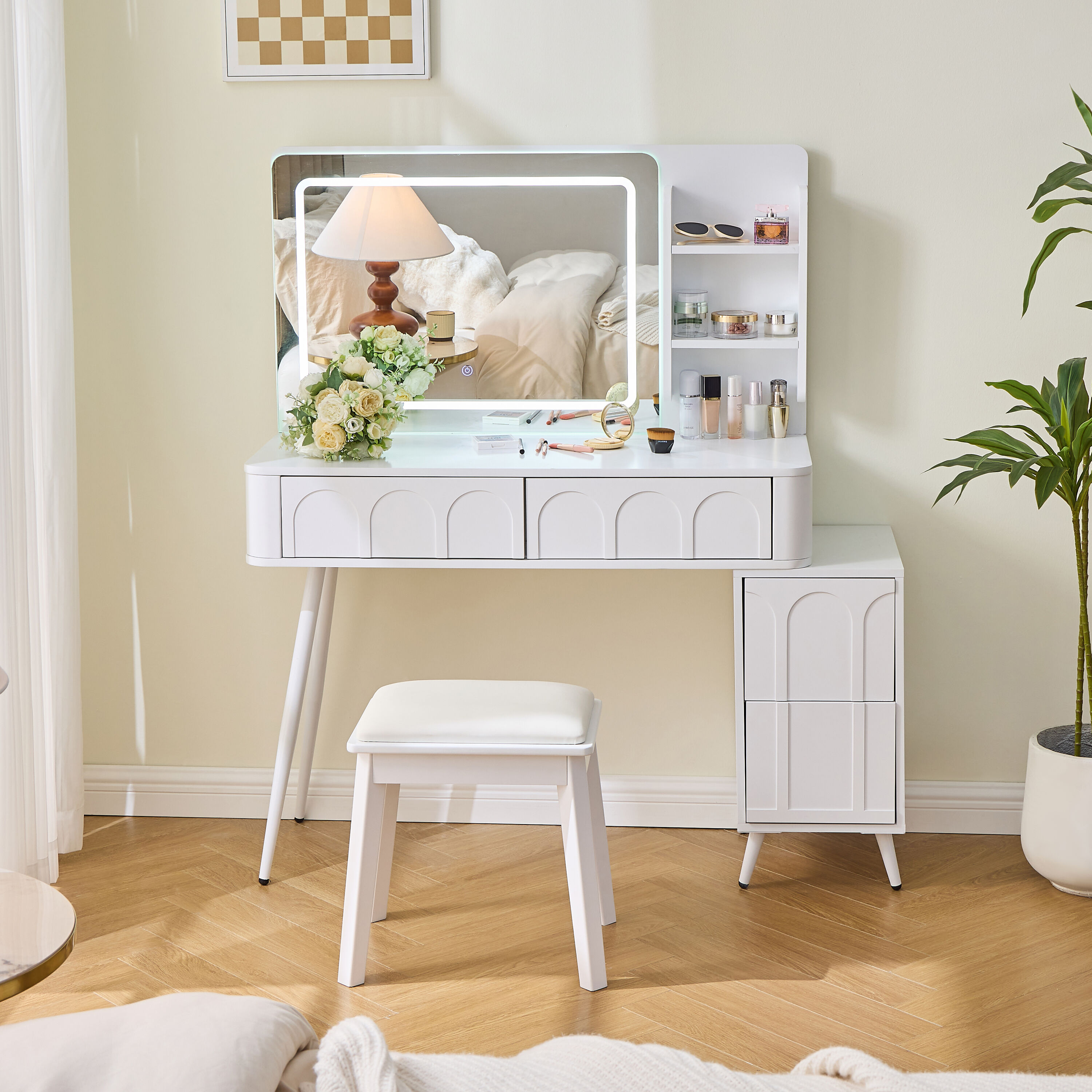 ModernLuxe SD000030AAB Modern Makeup Vanity Desk with LED Lights Mirror4 Drawer Dressing Table Set with Stool3 Colors Dimmable BrightnessSpaceSaving for BedroomWhite