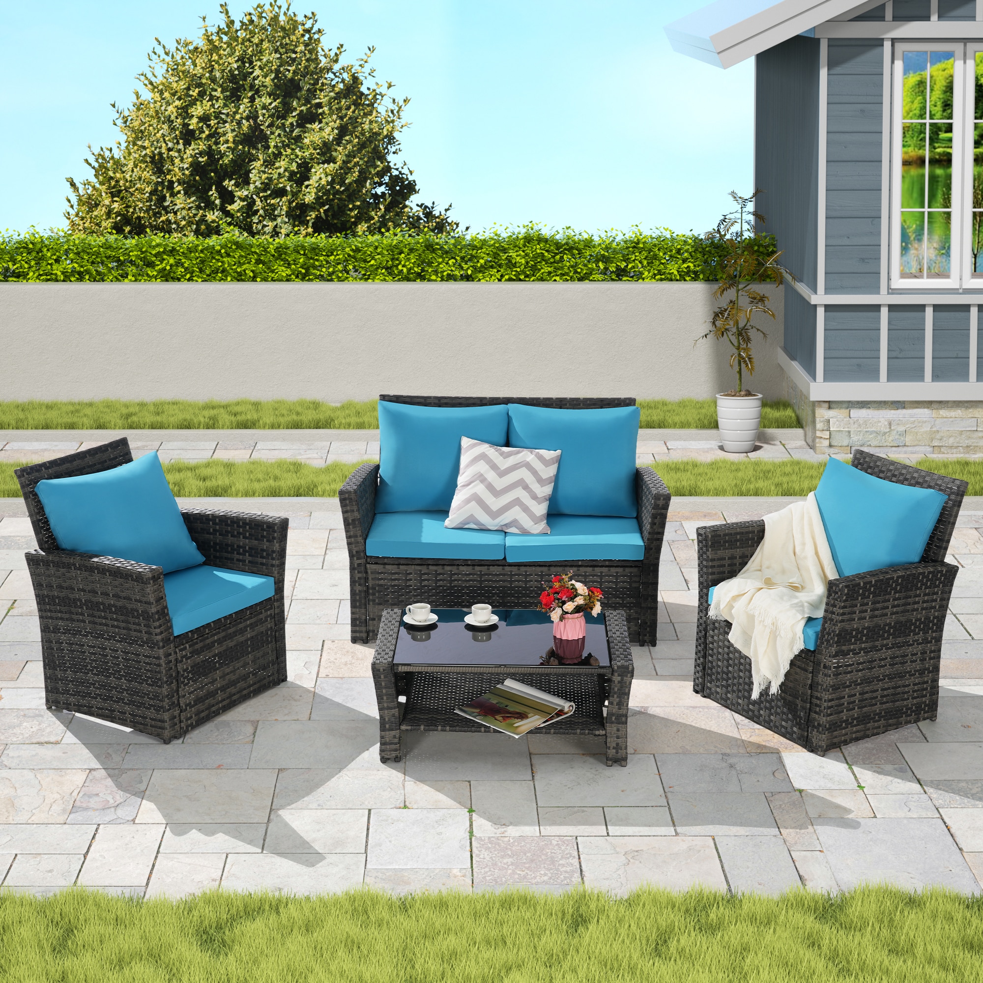 SANSTAR L-857M-V1 4 -Piece Wicker Patio Sofa Conversation Set with Blue Cushions