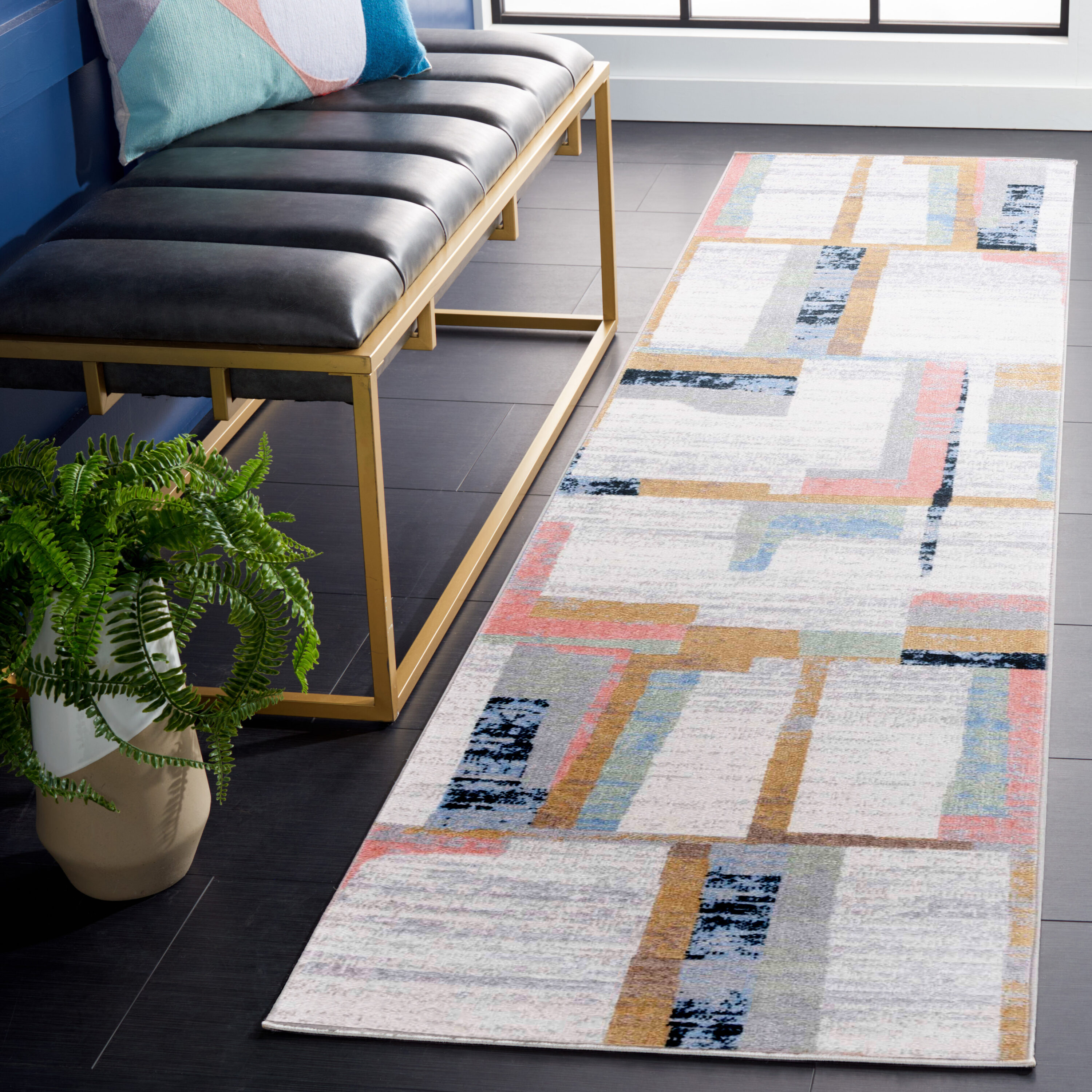 Safavieh BAY126A-28 Bayside 2 x 8 (ft) Polyester Ivory/Blue Rust Rectangular Indoor Block Machine washable Runner rug
