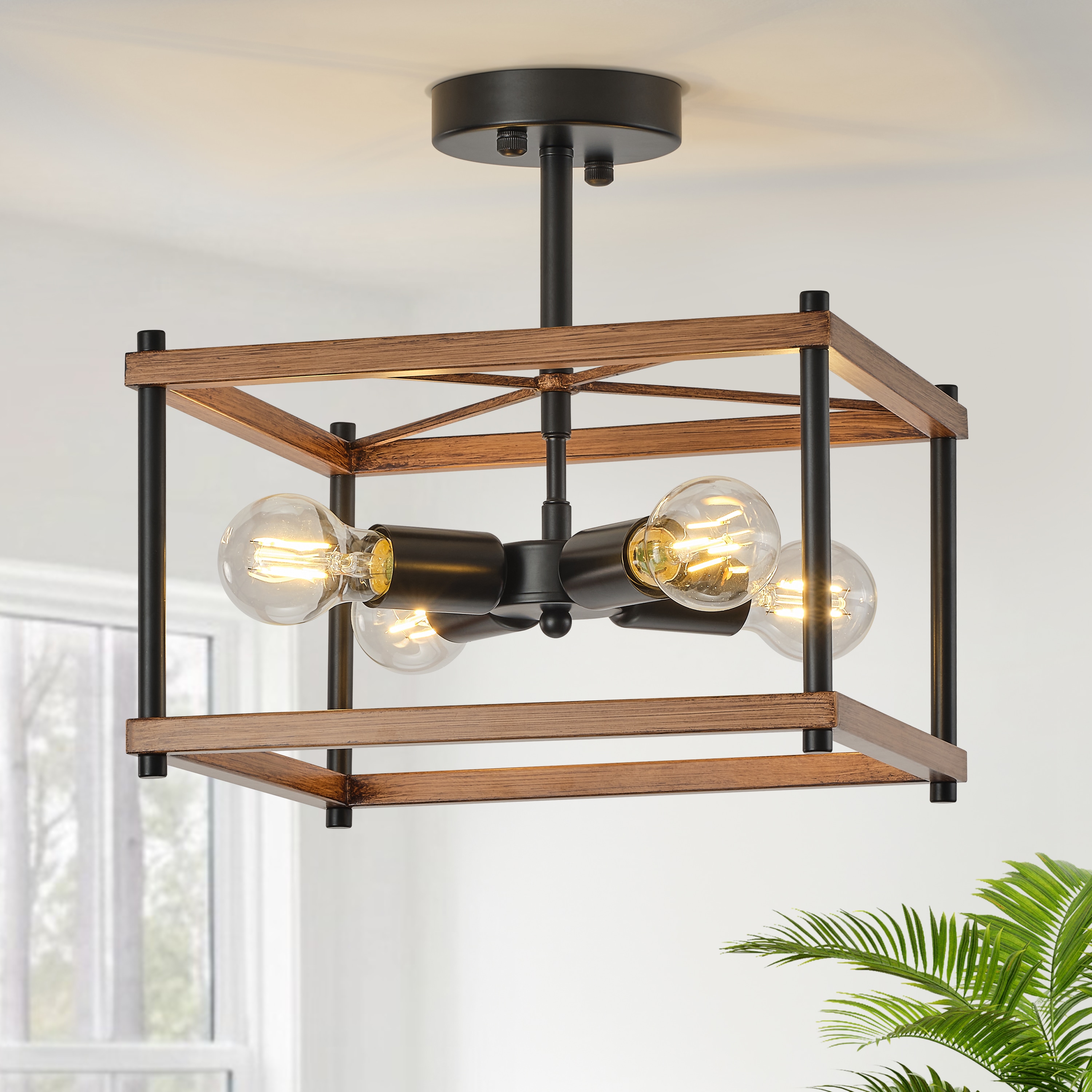 GoYeel 12.6-in Black and Wood Grain Indoor 4 -Light Semi-flush Mount Light Metal
