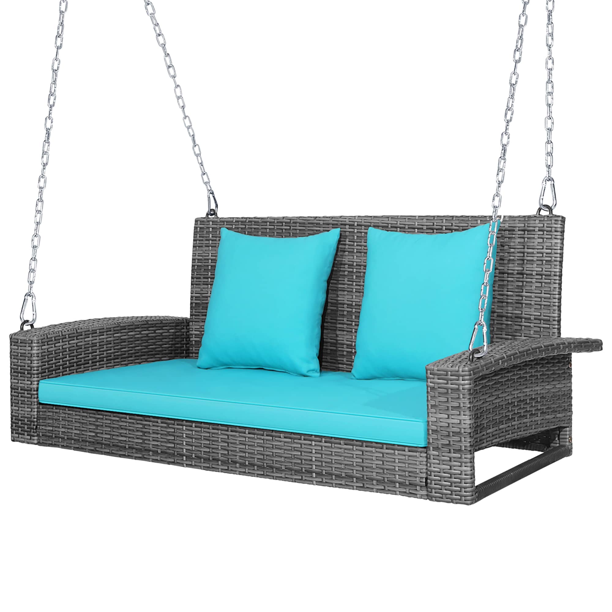 Costway HW69619TU Rattan Mix Grey Rattan Frame Hanging Conversation Chair with Blue Cushioned Seat