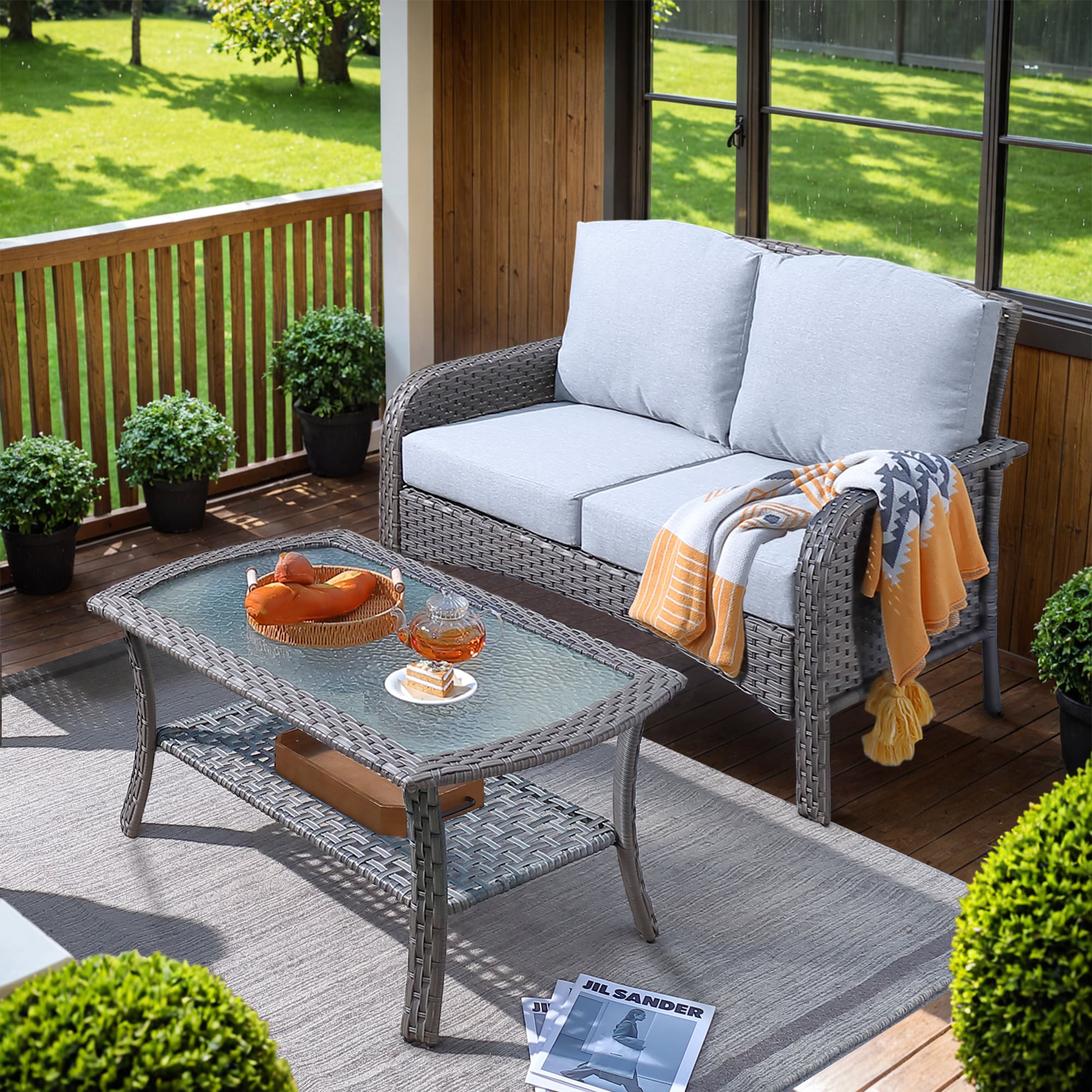 Pouuin SDNG4-2 2 -Piece Wicker Patio Conversation Set with Gray Cushions
