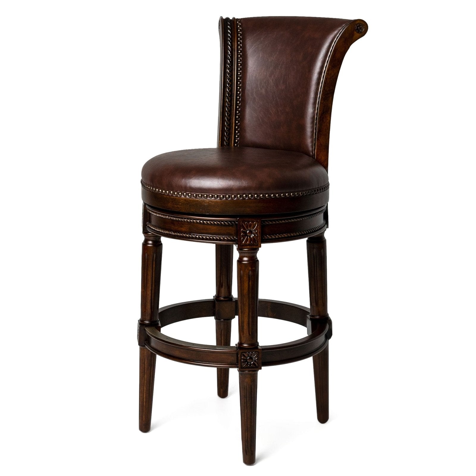 Maven Lane - 31in Pullman Bar Stool In Dark Walnut Finish With Vintage Brown Vegan Leather
