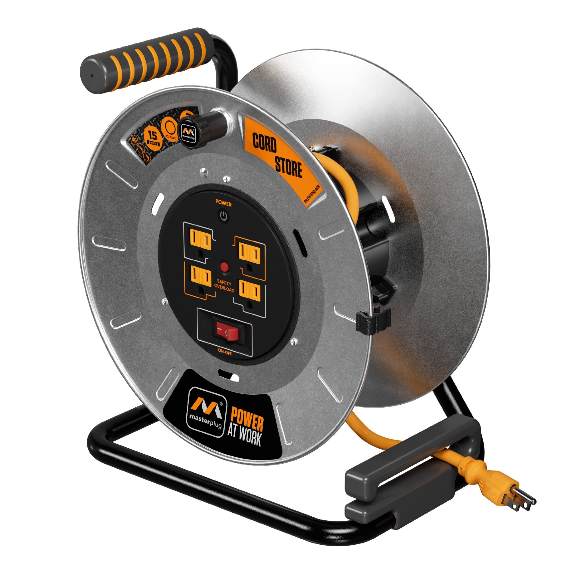 Masterplug OTLP011512G4SL-US  1Ft 4 Sockets 15A 12Awg Large Open Metal Reel