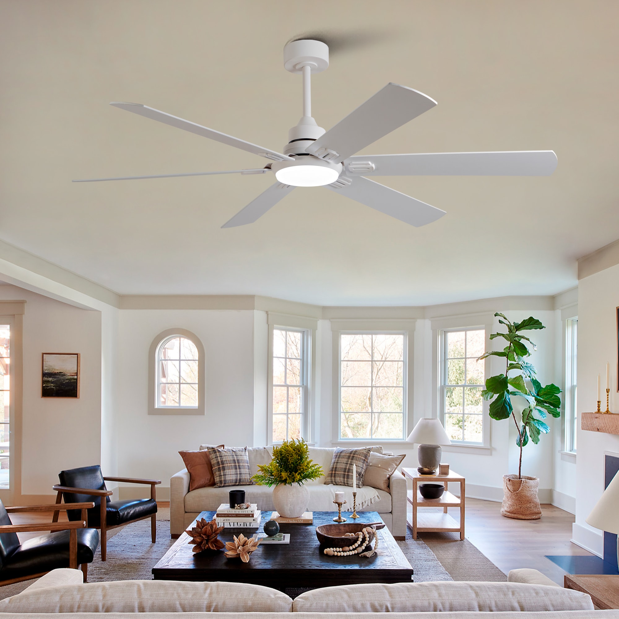 Blisstyle 60-in White with Modern ABS Blades Ceiling Fan With Light and Smart Remote Control Included 6-Blade
