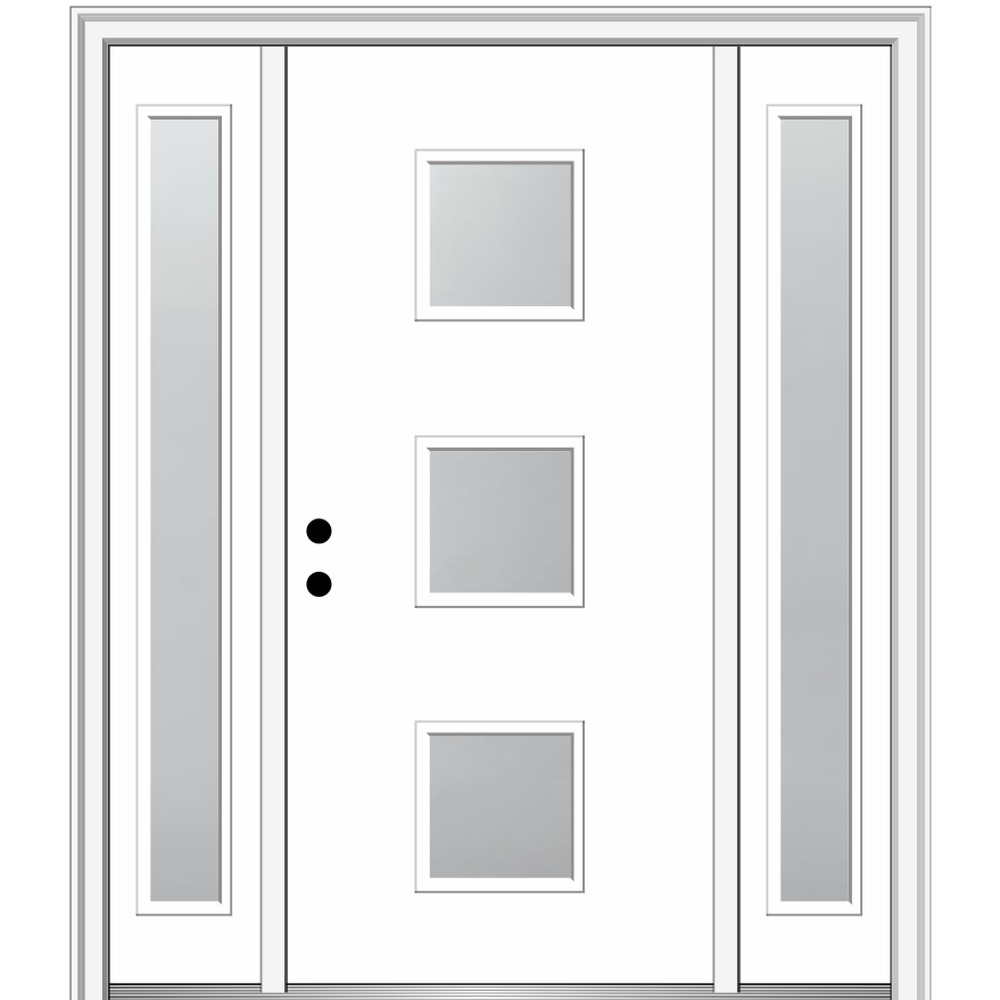 MMI DOOR ZZ350167R 64-in x 80-in x 6-9/16-in Fiberglass Pulse lite Right-hand inswing Brilliant White Painted Prehung Front Door with Sidelights with Brickmould Insulating core