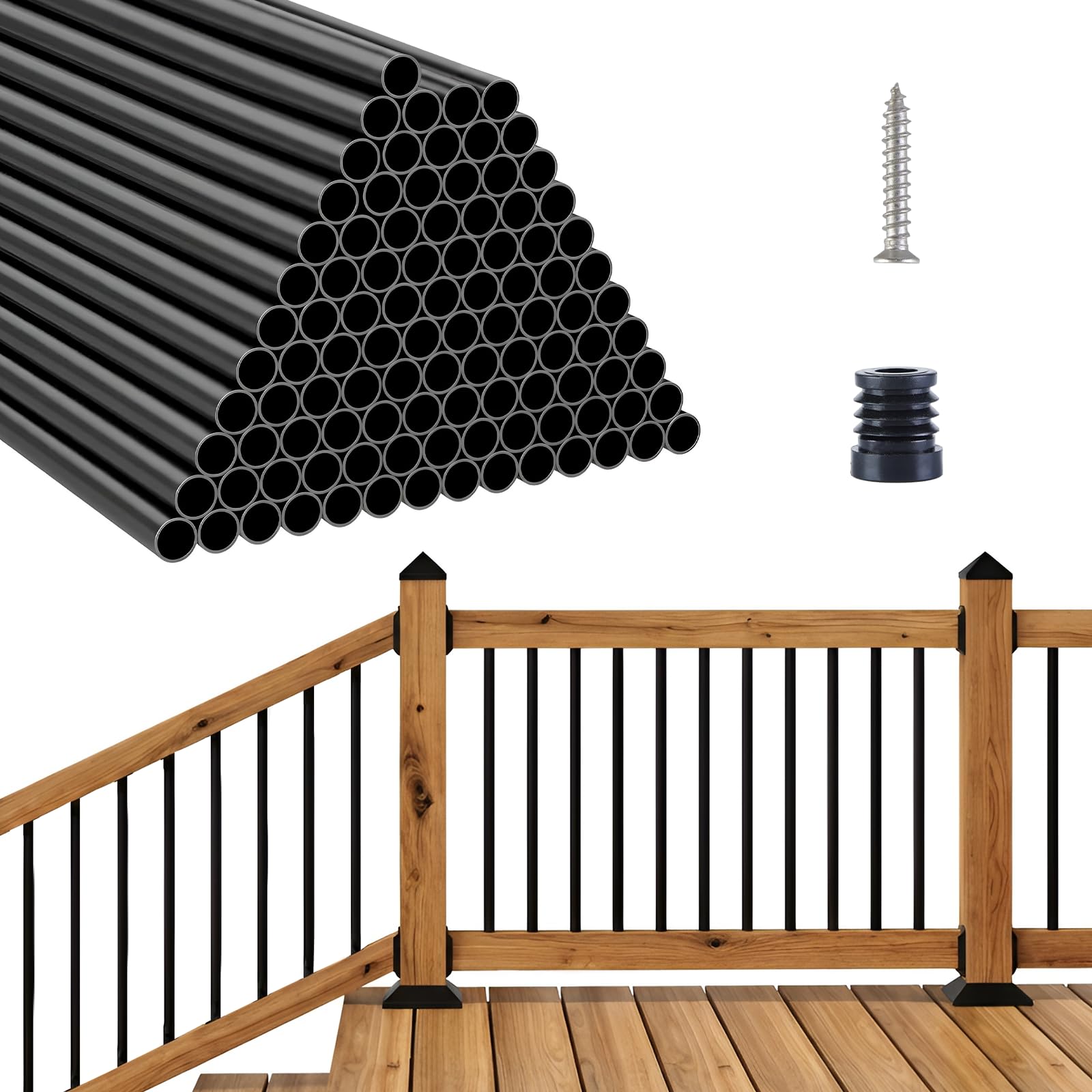 Adrinfly  Aluminum Deck Balusters 100 pack 36 inch Round Spindles with Screws and Connectors Corrosion Resistant Easy to Cut for Indoor Outdoor