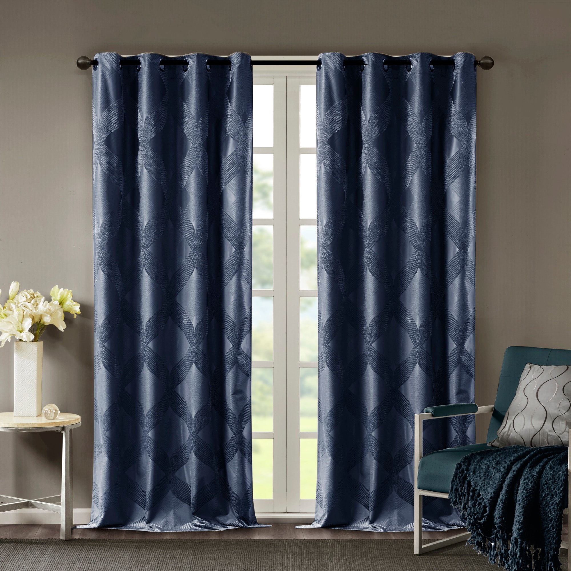 Navy Ogee Knitted Jacquard Blackout Curtain Panel
