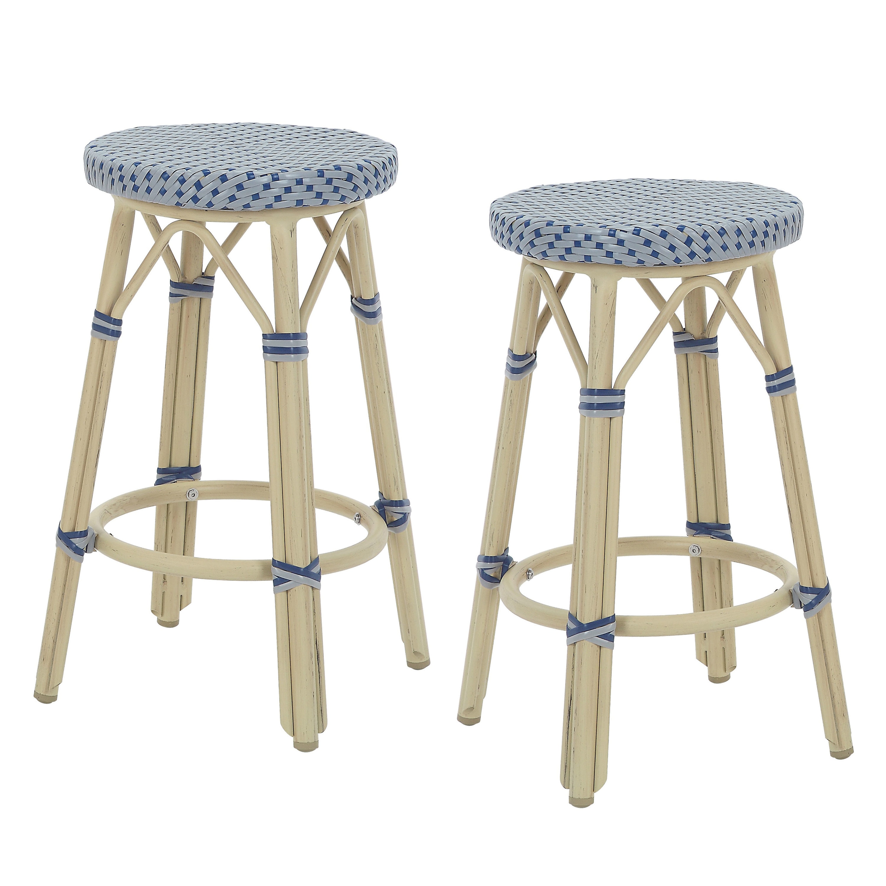 Furniture of America IDF-OC1858GY-26 Set of 2 Wicker Brown Aluminum Frame Stationary Bar Stool Chair with Woven Seat