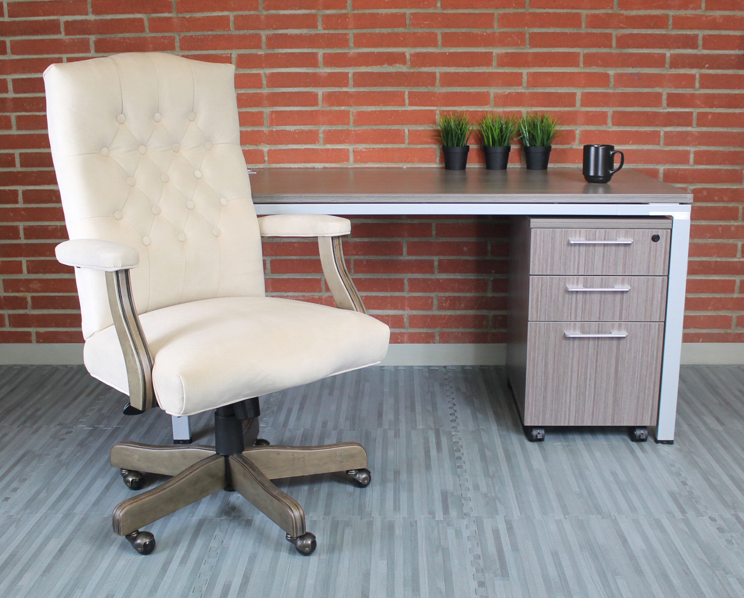Executive High-Back Ergonomic Swivel Chair in Gray with Metal and Wood Accents
