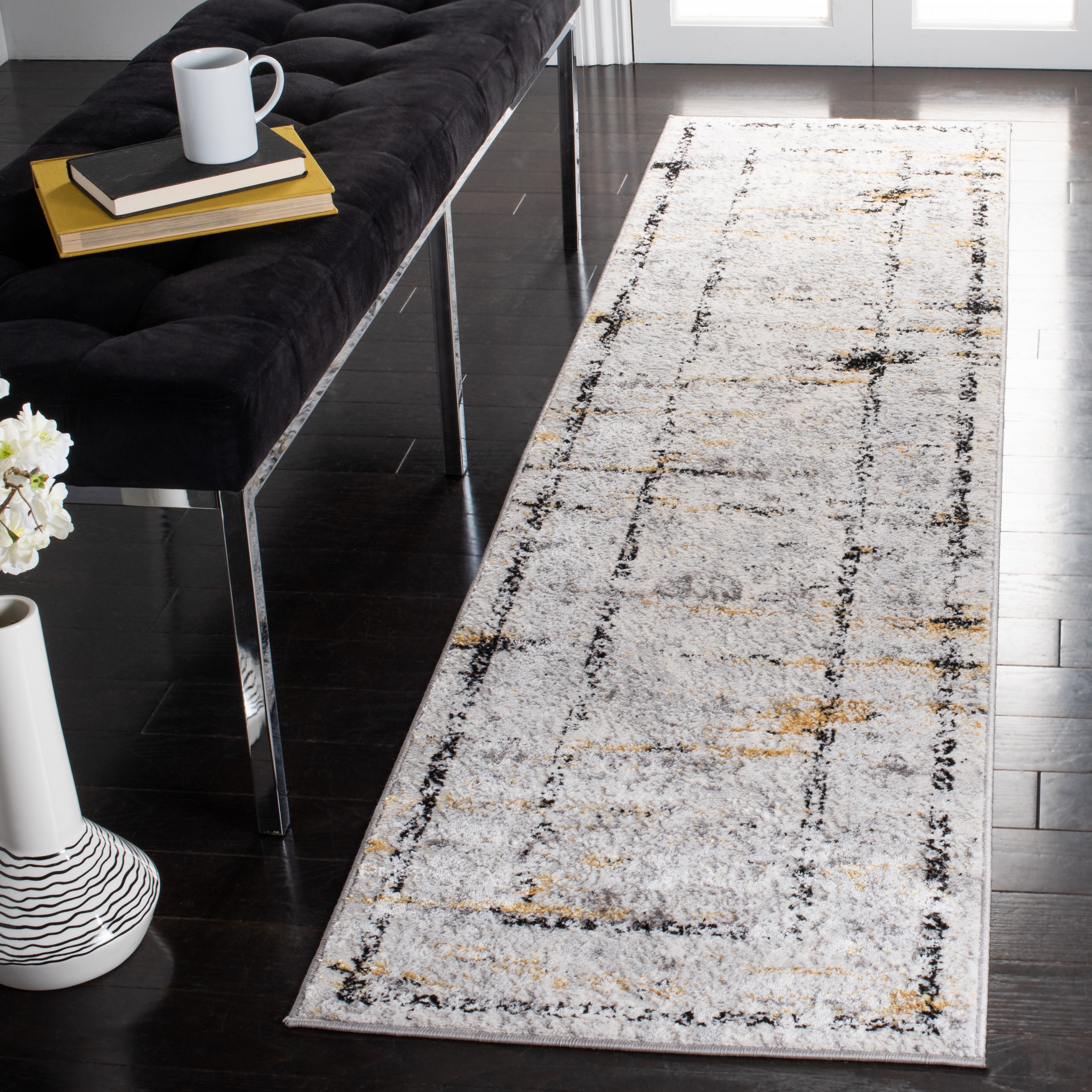 Safavieh ALA207F-28 Amelia Brygida 2 x 8 (ft) Loomed Synthetic Gray/Gold Rectangular Indoor Distressed/Overdyed Global Runner rug