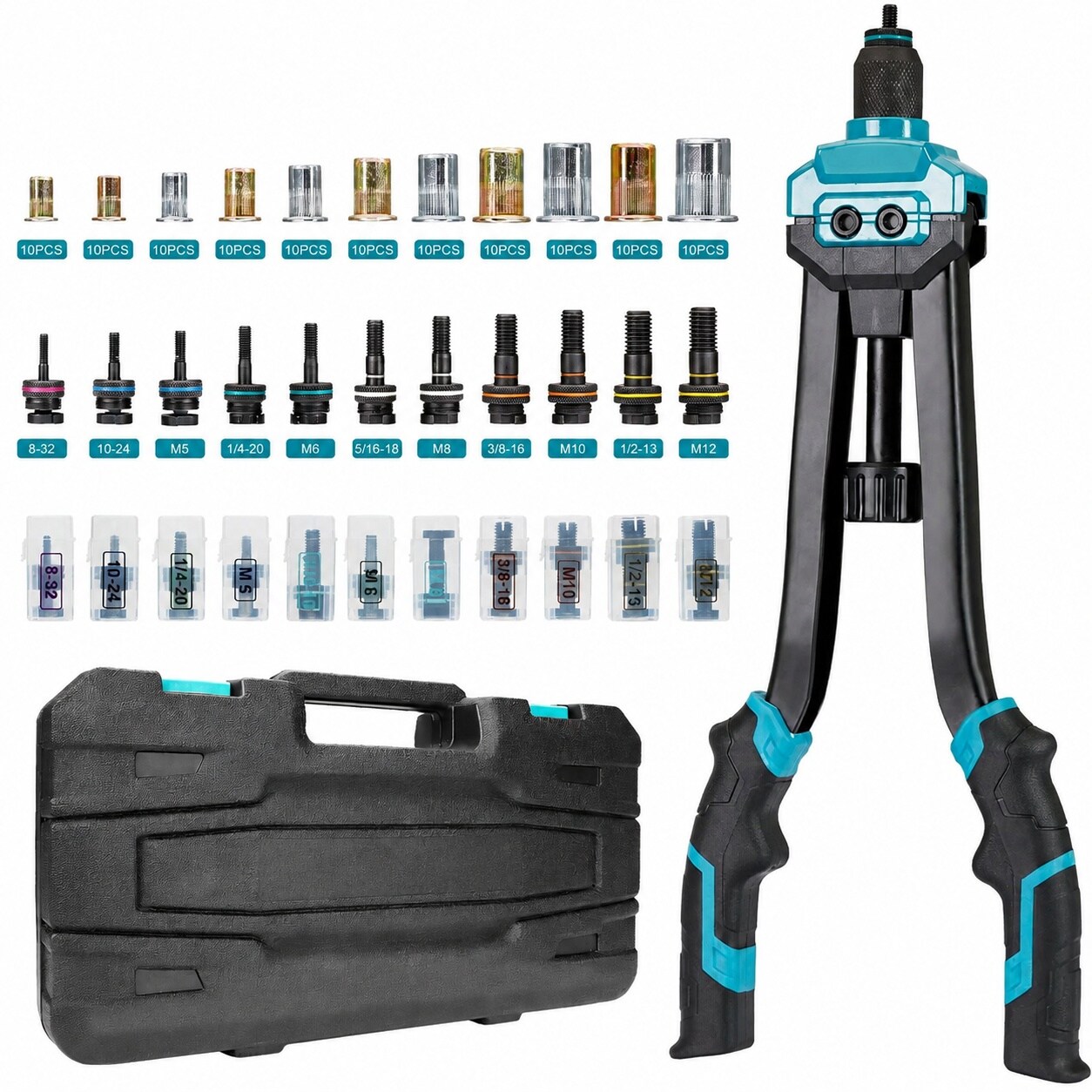 Linder Group Inc 16 inch rivet nut tool kit with 11 metric and SAE interchangeable mandrels 110 pcs rivet nuts ergonomic handle easy mandrel replacement blow