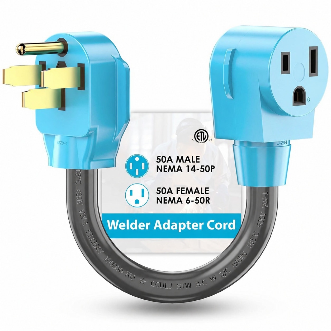 Lukvuzo  Welder Adapter Cord NEMA 14 50P Male to 6 50R Female 50 Amp Heavy Duty STW 8 AWG 250V 12500 Watt Right Angle Plug 12 Inch Pure Copper