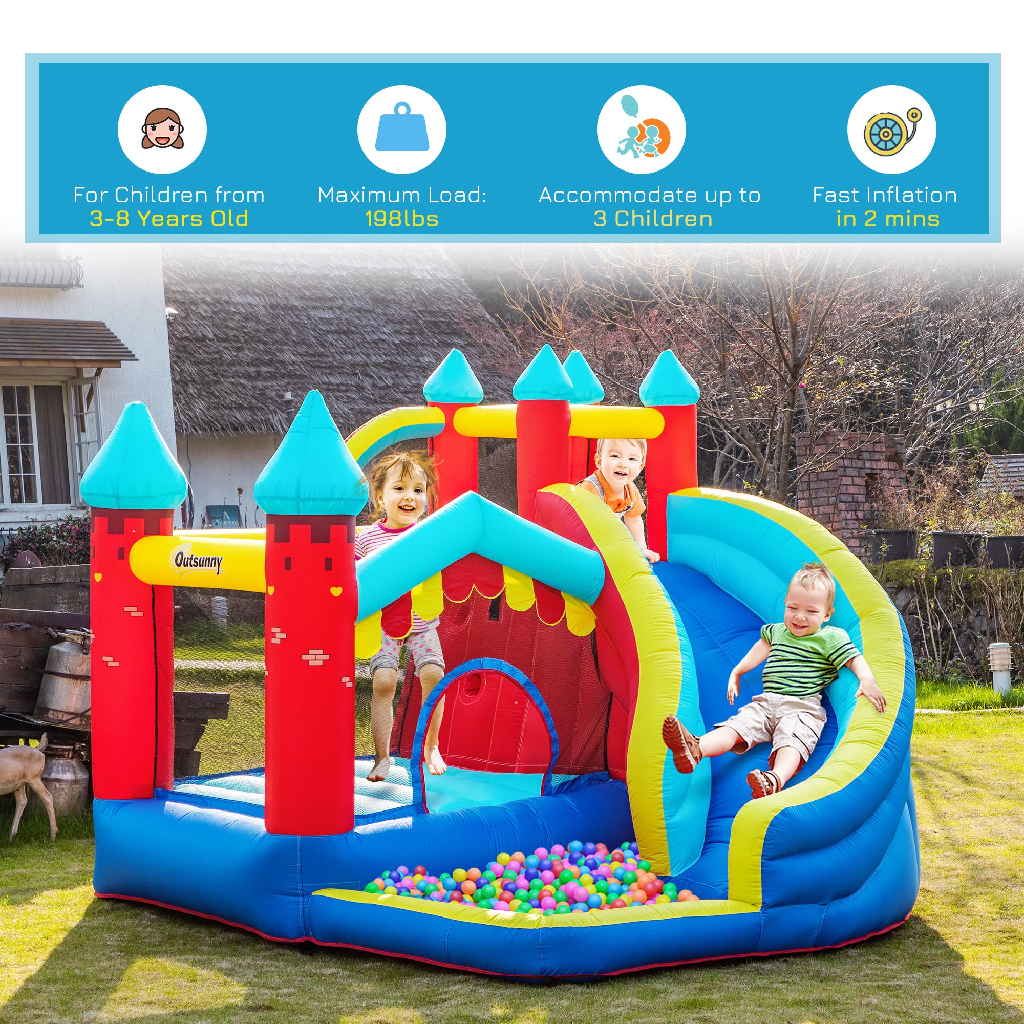 Intex 48259EP Inflatable Jump-O-Lene Castle Bouncer Indoor Outdoor Kids  Jump Bounce House for 2 Kids, Ages 3 to 6 Years 