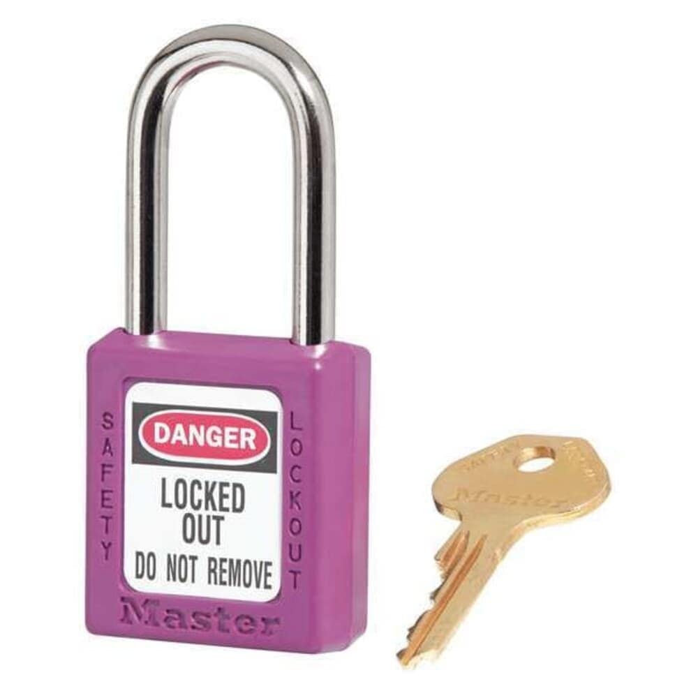 Master Lock Lockout Padlock Keyed Alike Thermoplastic Purple 1 1/2 in Shackle Height 1 1/2 in Body Width #410KAPRP