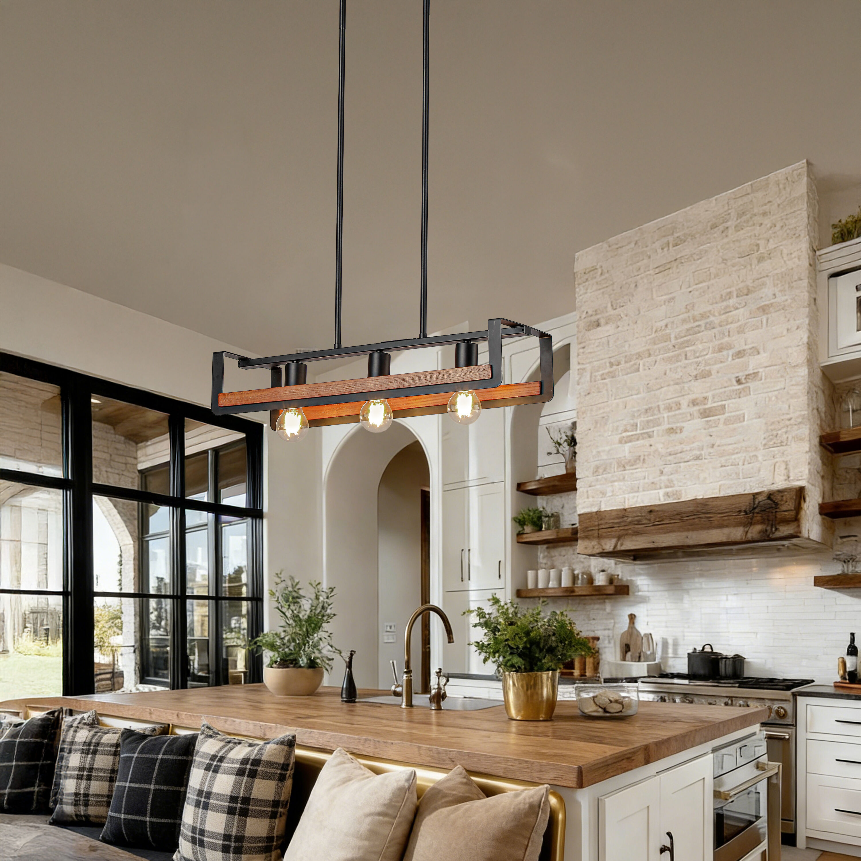 TALOYA 23.6-in Black and Solid Wood Modern Farmhouse Rectangular Frame Pendant Light 3-Light E26 Exposed Edison Bulbs Dimmable Adjustable Hanging Height for Dining Room Living Room Kitchen Island