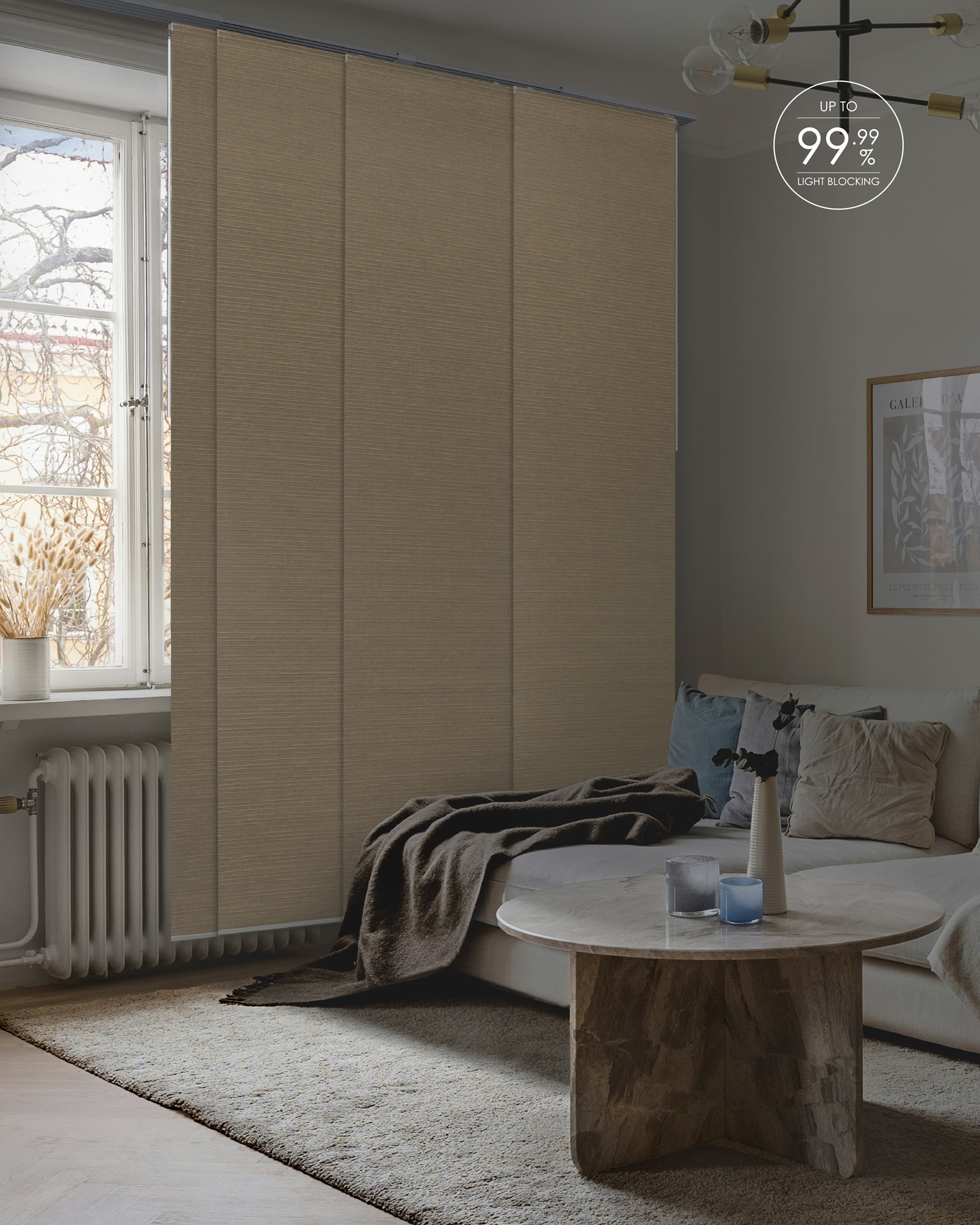 GoDear Design APX128800I086096 4-Panel Single Rail 23-in Slat Width 86-in x 96-in Cordless Pinecone Fabric Blackout Panel Track Blinds