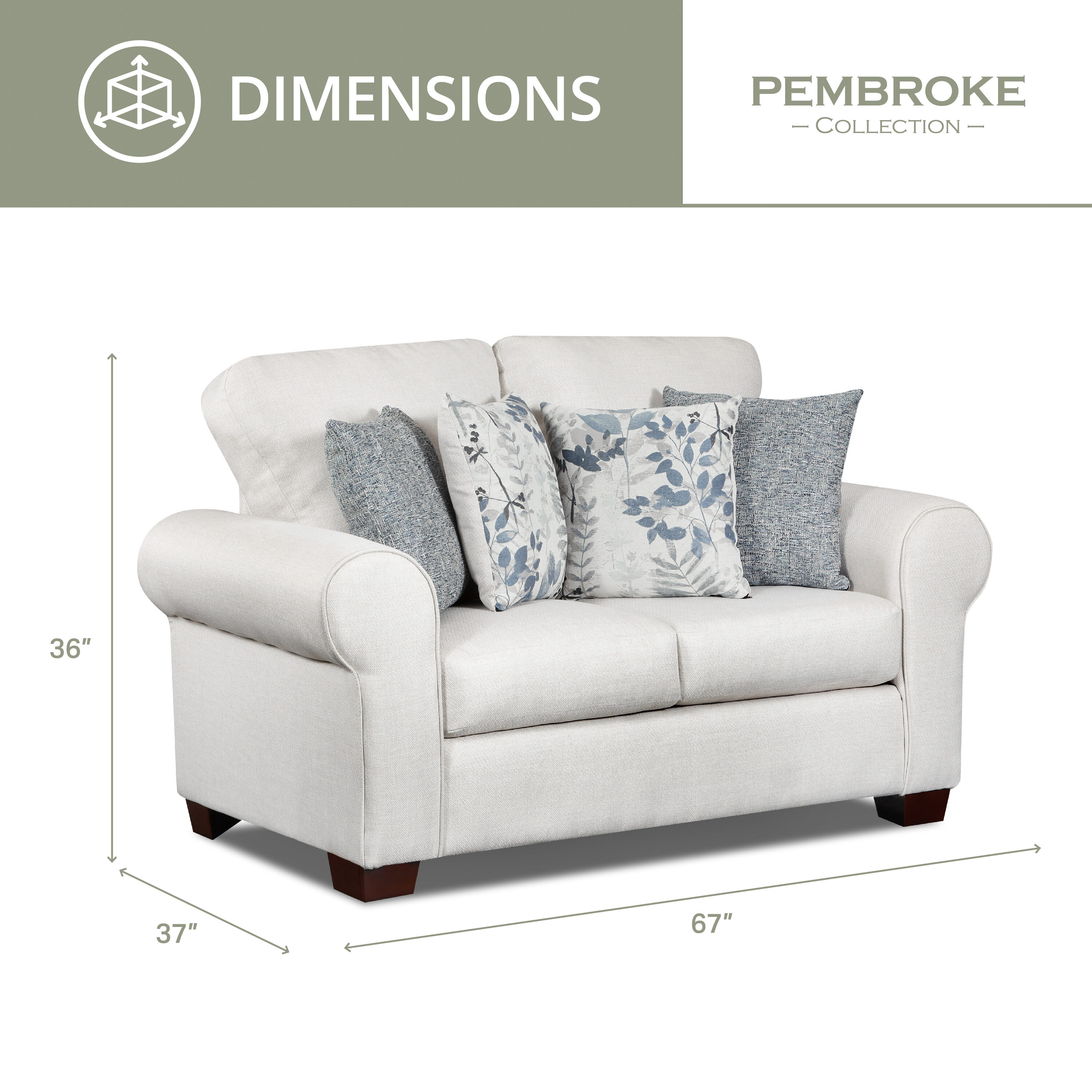 Pembroke Off-White and Blue Fabric Loveseat with Pillows