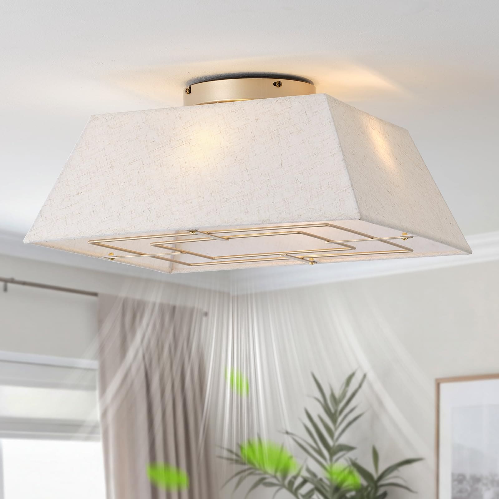 Oyezvary  20 inch Boho Ceiling Fan with Light Flush Mount Square Bladeless Fan with Remote Control 6 Speeds for Bedroom Living Room Nursery Beige