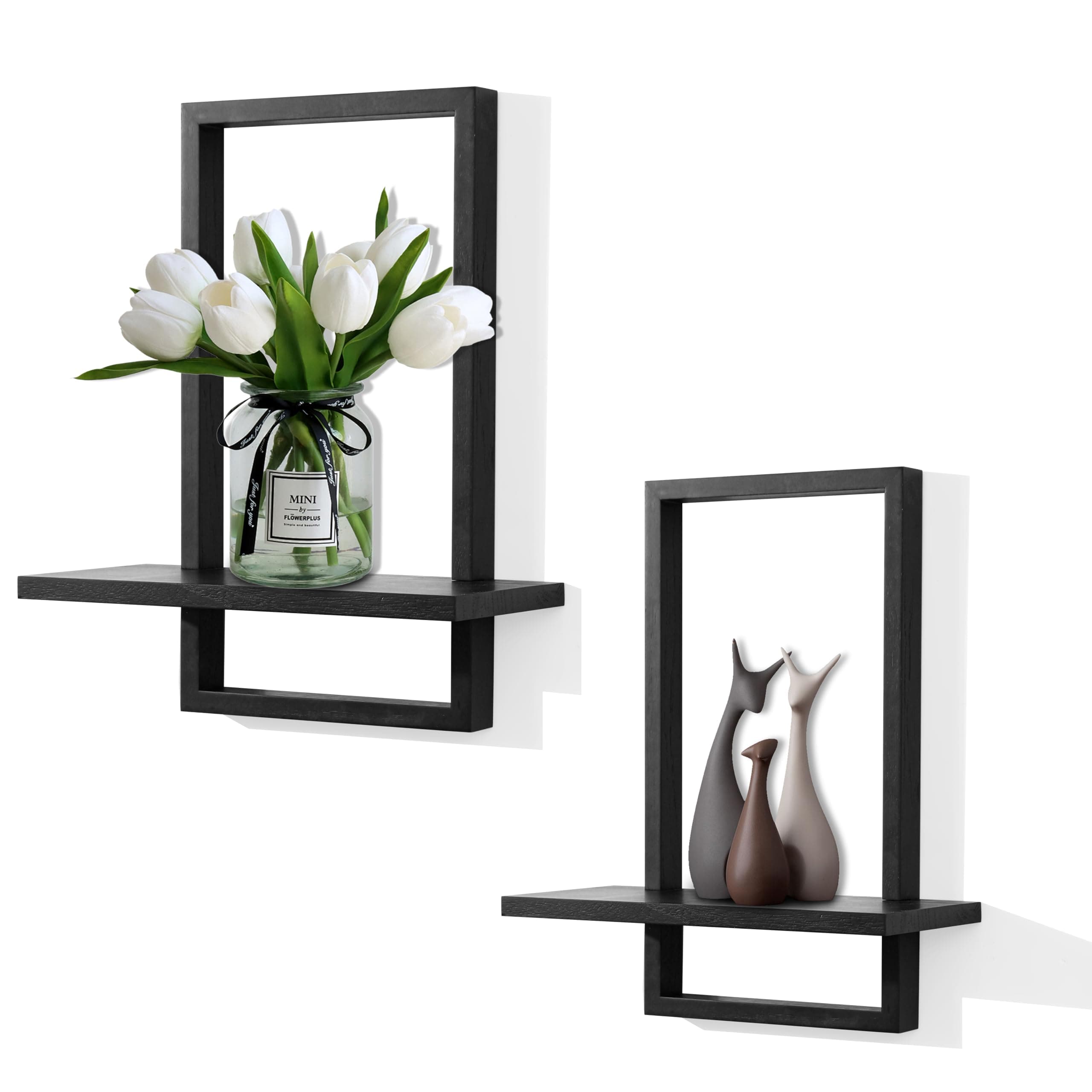 Lovav Black Square Floating Shelves Wall Decor Frame Solid Wood Set 2 Living Room Bedroom Office Modern Chic #5749848245796