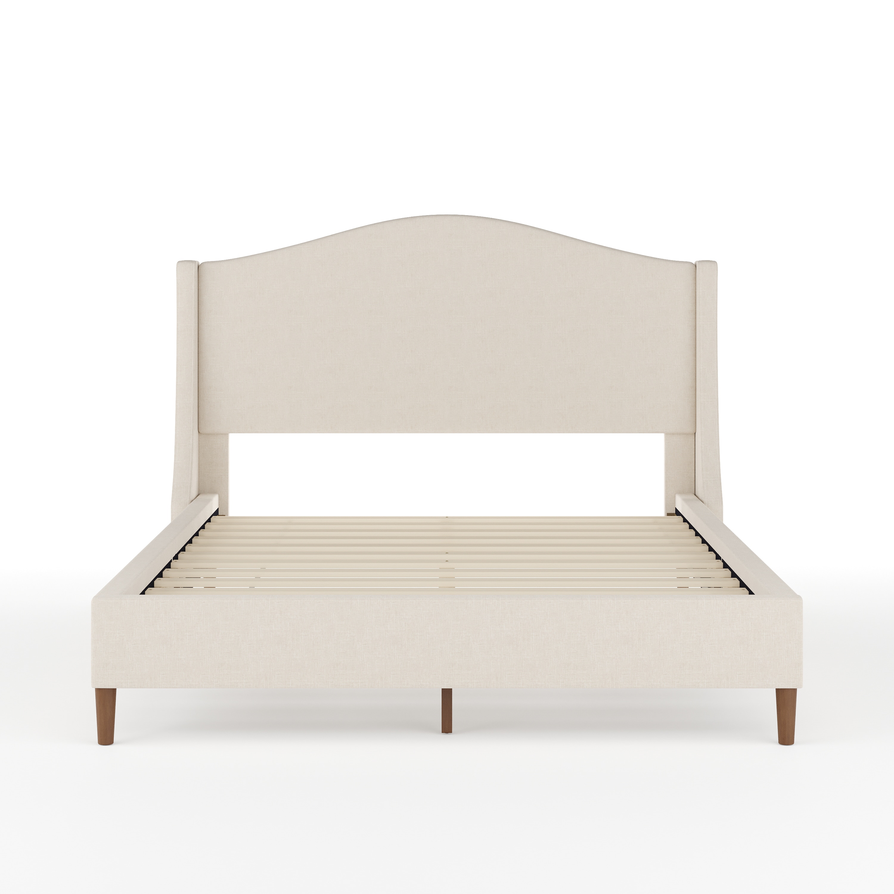 Full Beige Linen Upholstered Platform Bed with Walnut Legs