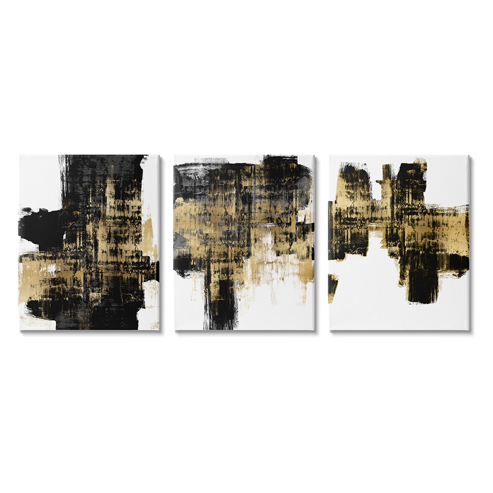 Stupell Industries A3-065-CN-3PC-24X30 Bold Black Brushstrokes Golden Distressed Accent Alex Wise Gallery Wrapped Canvas 30-in H x 24-in W Abstract Canvas Print