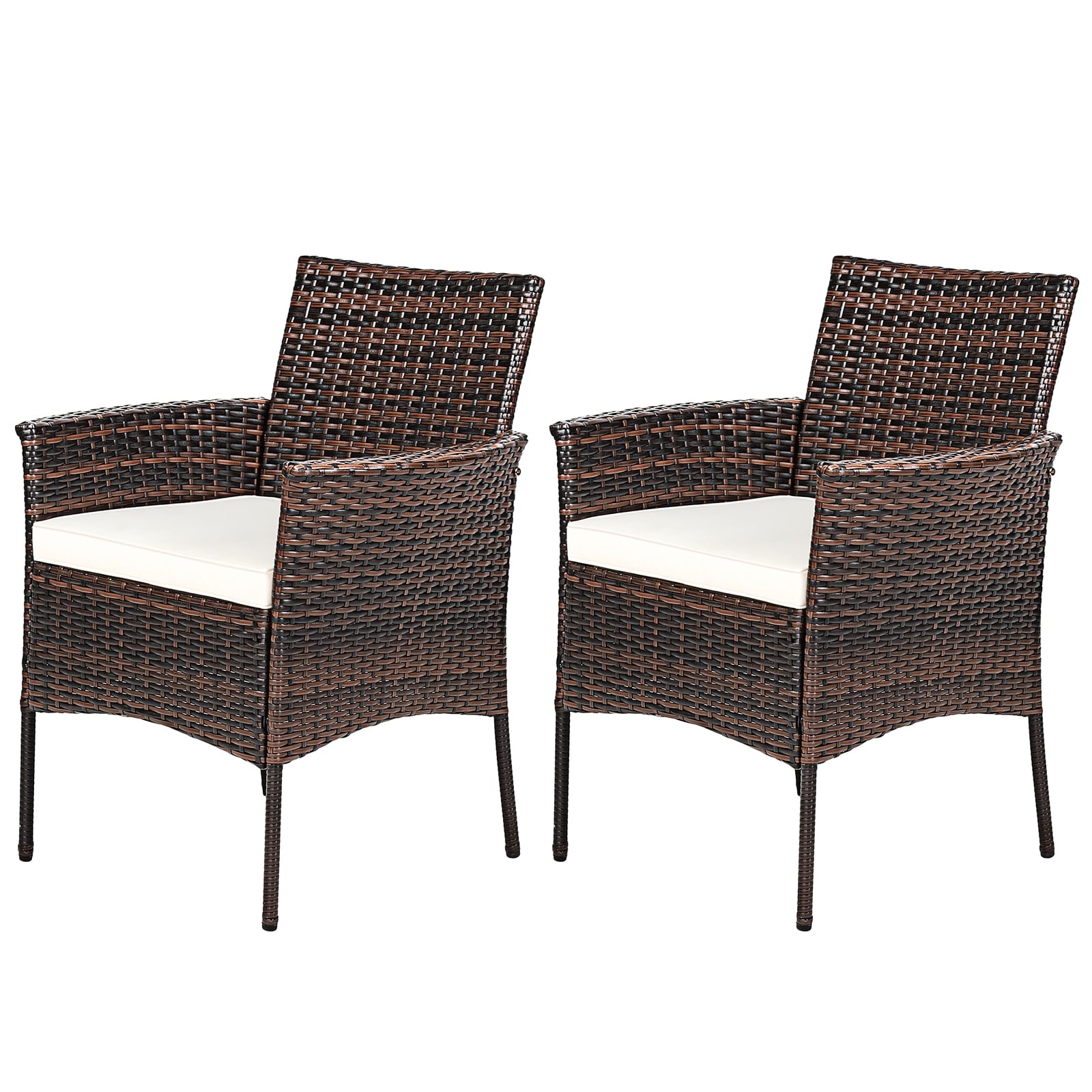 Slickblue D-CO-68776WH Set of 2- Mix Brown PE Rattan Armchairs with Off-White Cushions and Anti-Rust Steel Frame for Patio Poolside Backyard or Porch