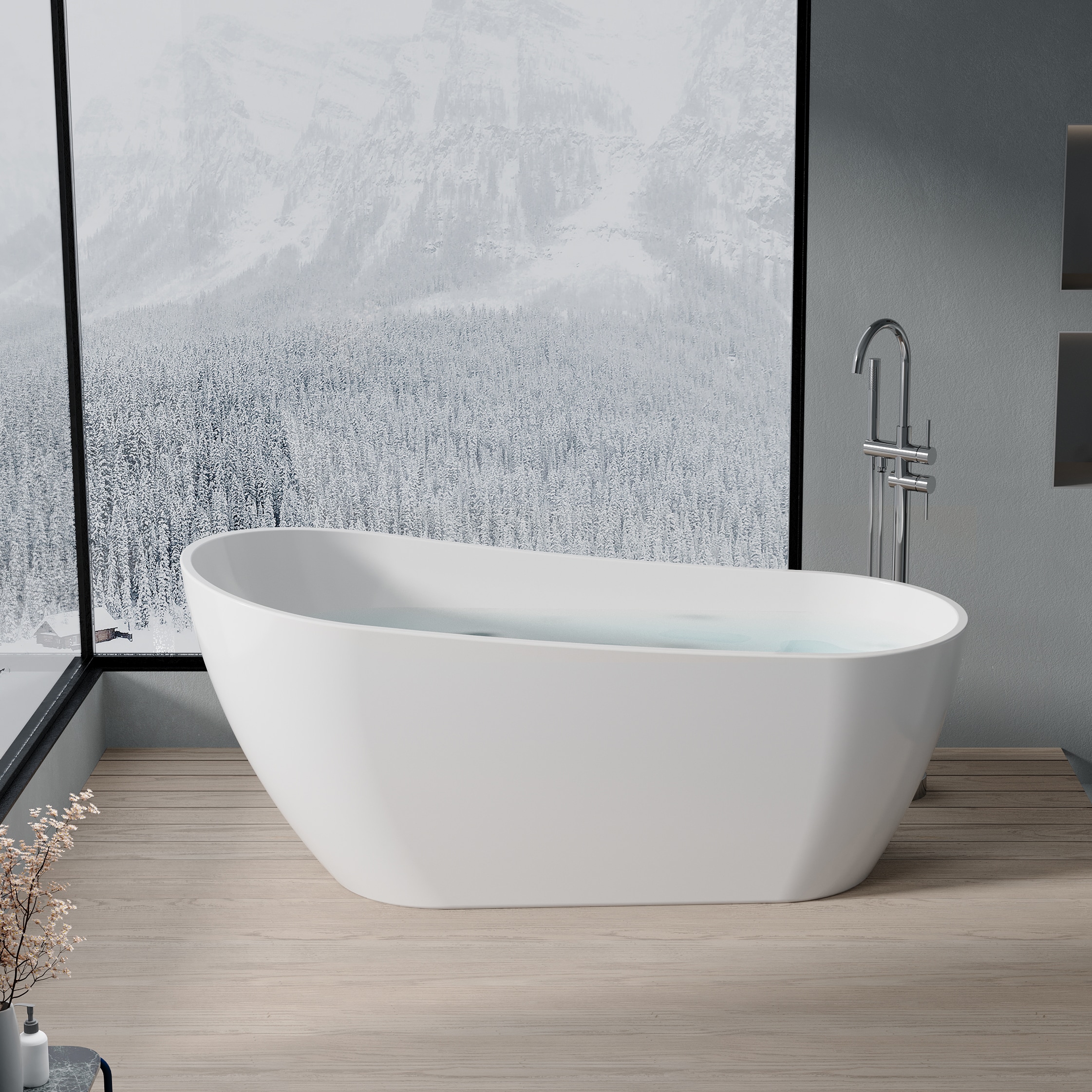 WELLFOR BA-P204226 BM Freestanding Soaking Bathtub 67-in x 31.5-in White Acrylic Oval Freestanding Soaking bathtub with Drain ( Right Drain )