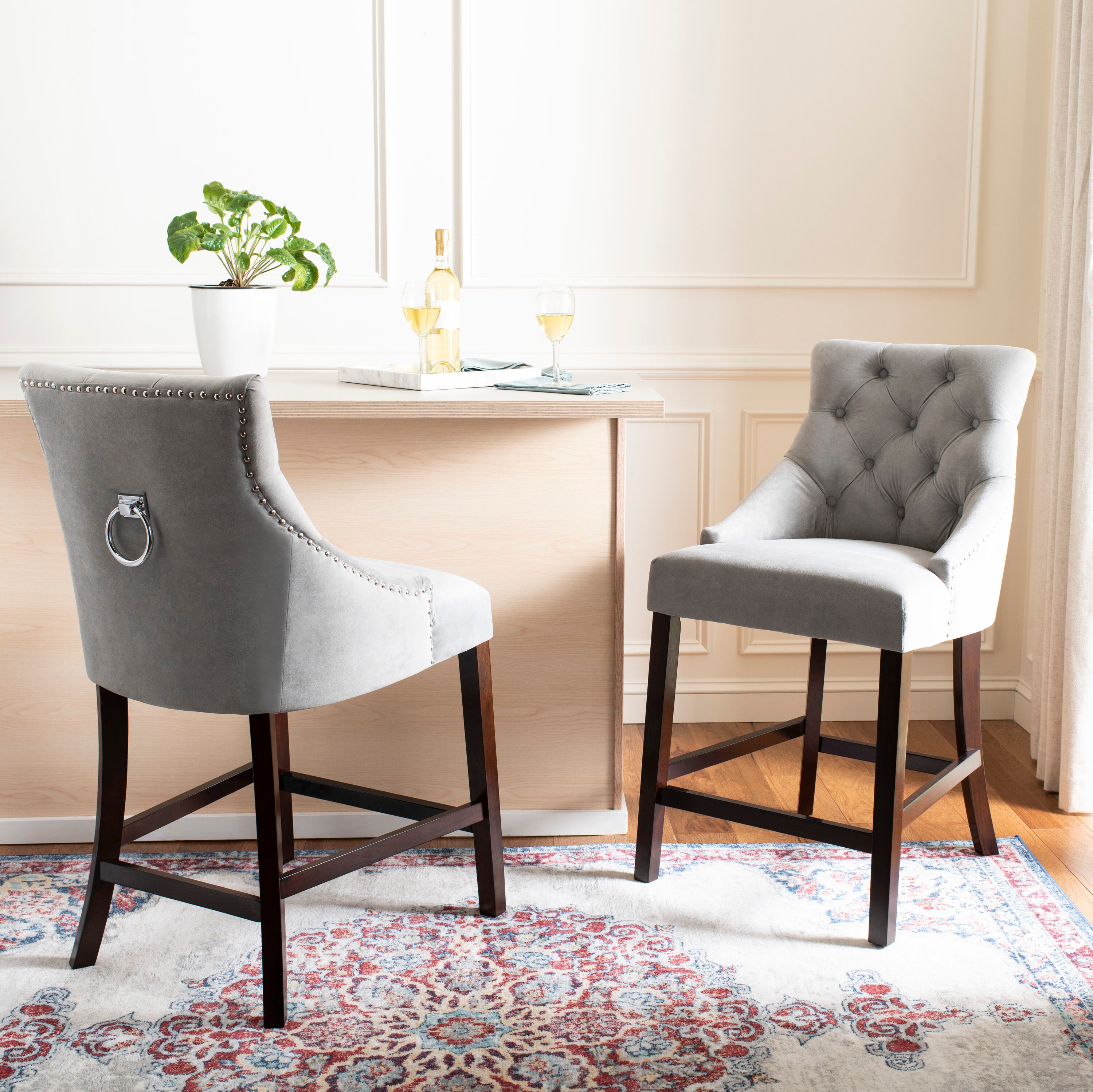 Gray Velvet Tufted Wing Back Counter Stools with Wood Frame, Set of 2