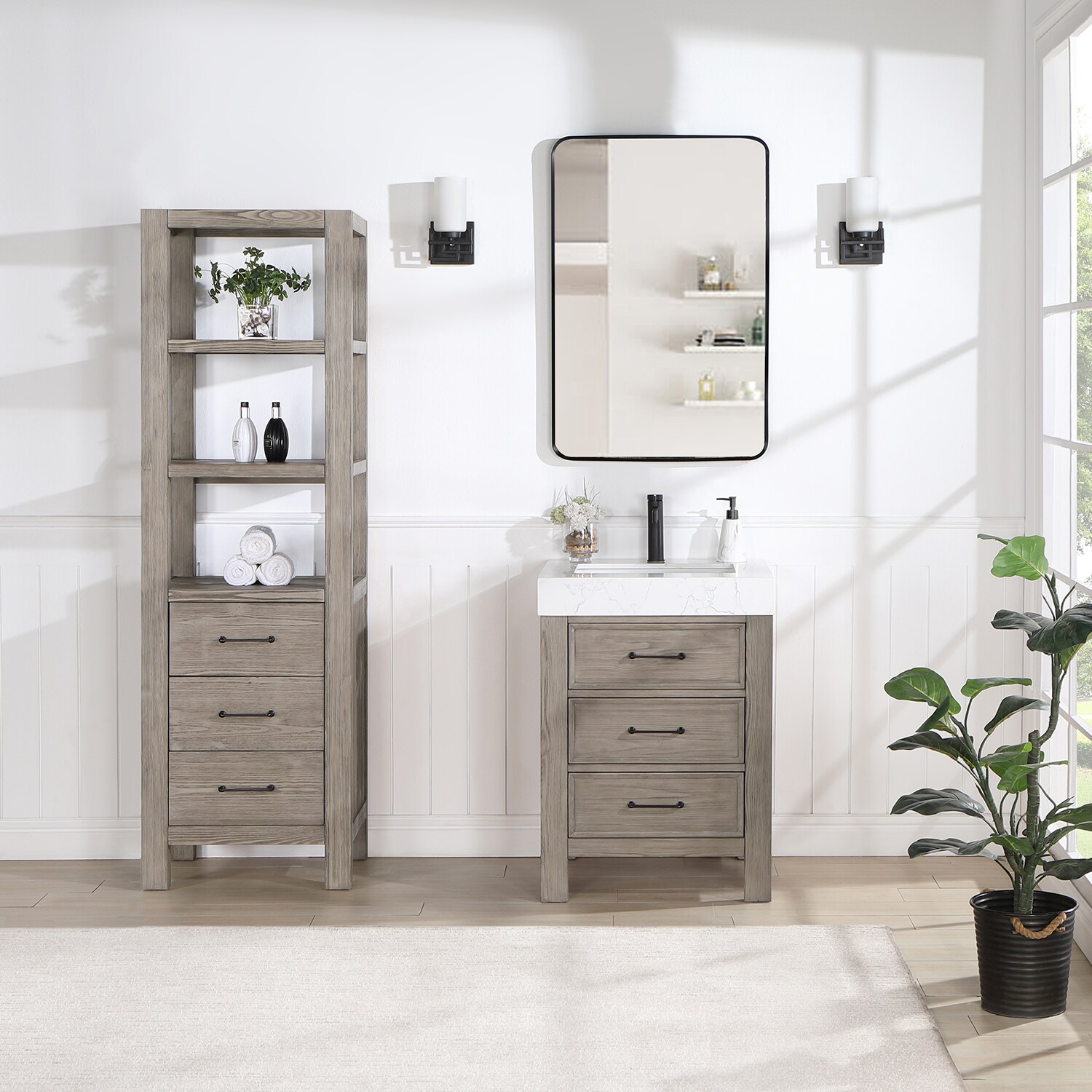 Vinnova 703824-FY-LW León 24-in Fir Wood Grey Finish Undermount Single sink Bathroom Vanity with Lightning White Engineered stone Top (Mirror Included)