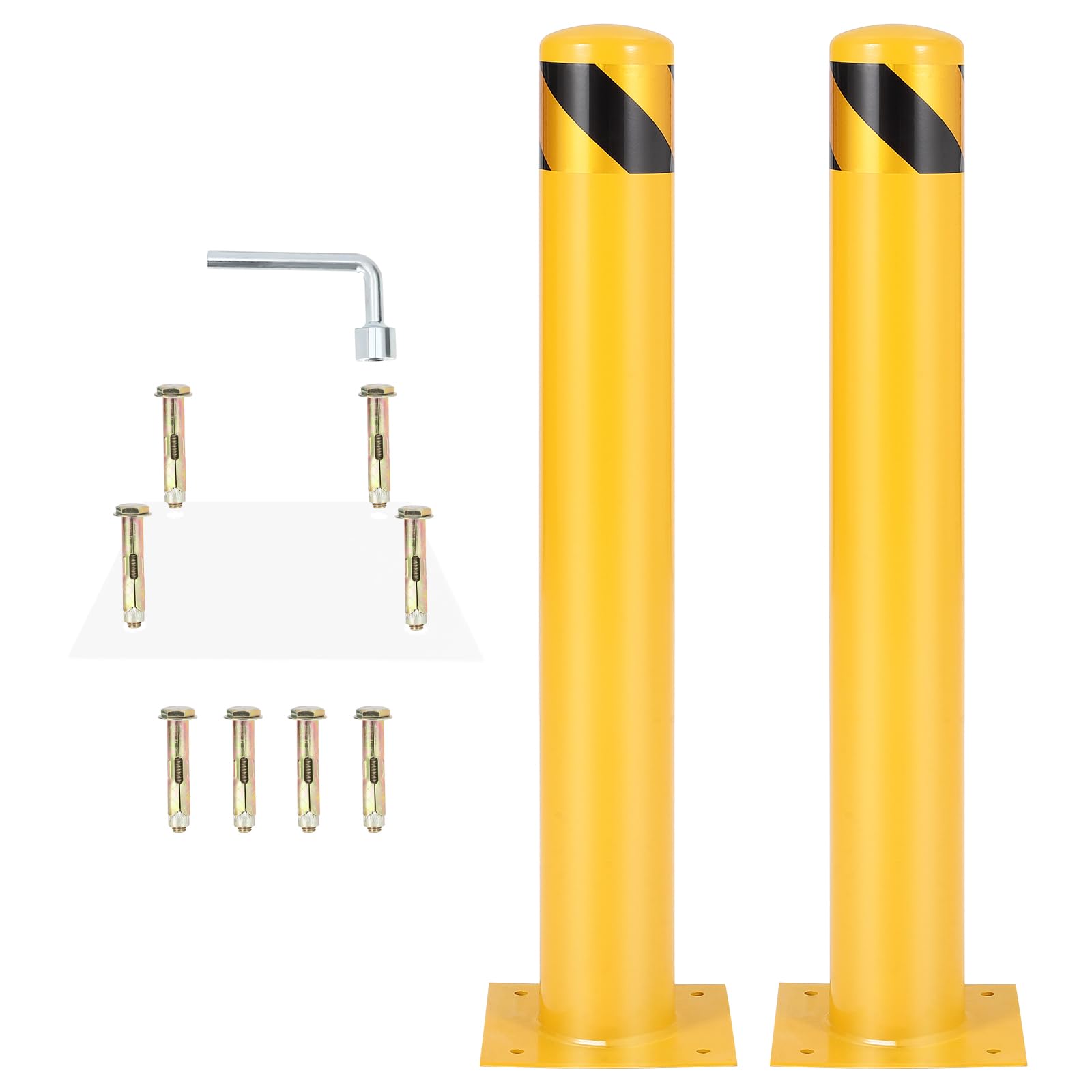 Garvee Heavy Duty Yellow Steel Industrial Safety Bollard 42 Inch Height 4.5 Inch Diameter Parking Traffic Barrier Supplied with 8 Anchor Bolts for Warehouse Driveway and Industrial Facility