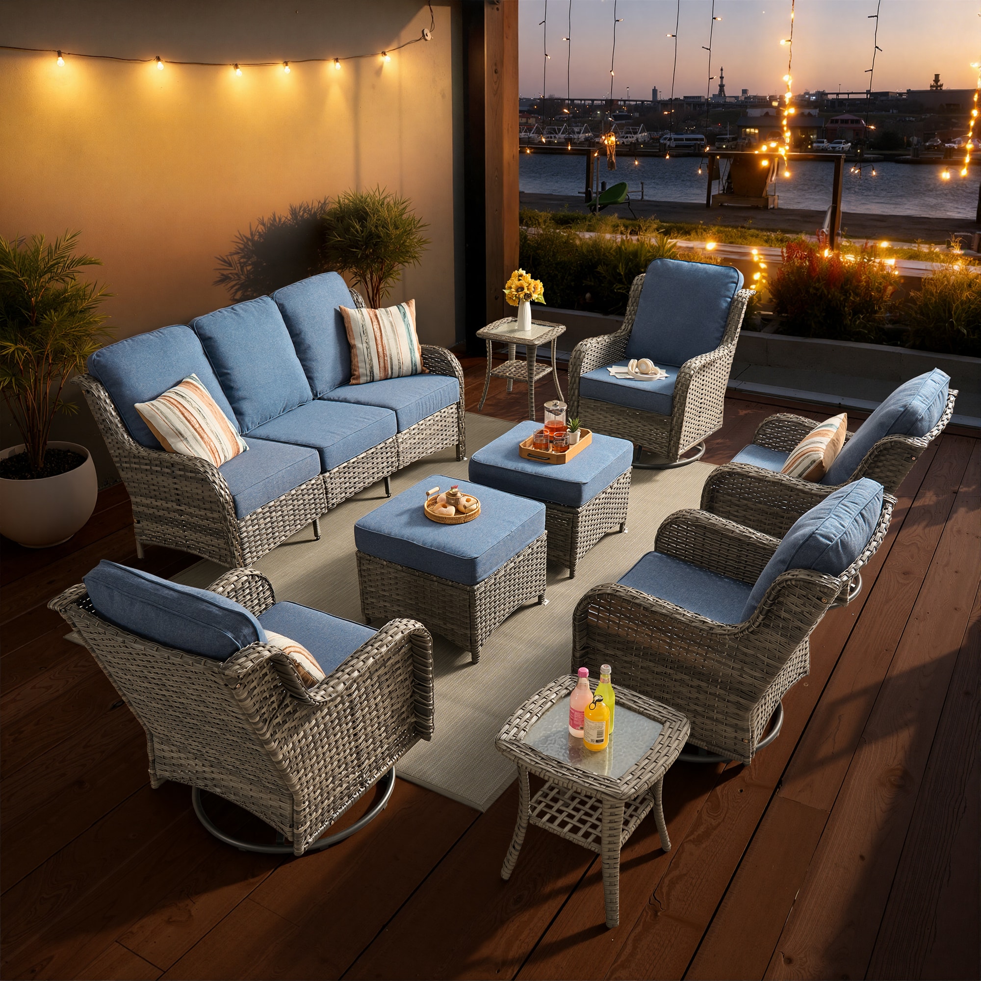 XIZZI Vesta 9 -Piece Rattan Patio Conversation Set with Blue Cushions Included