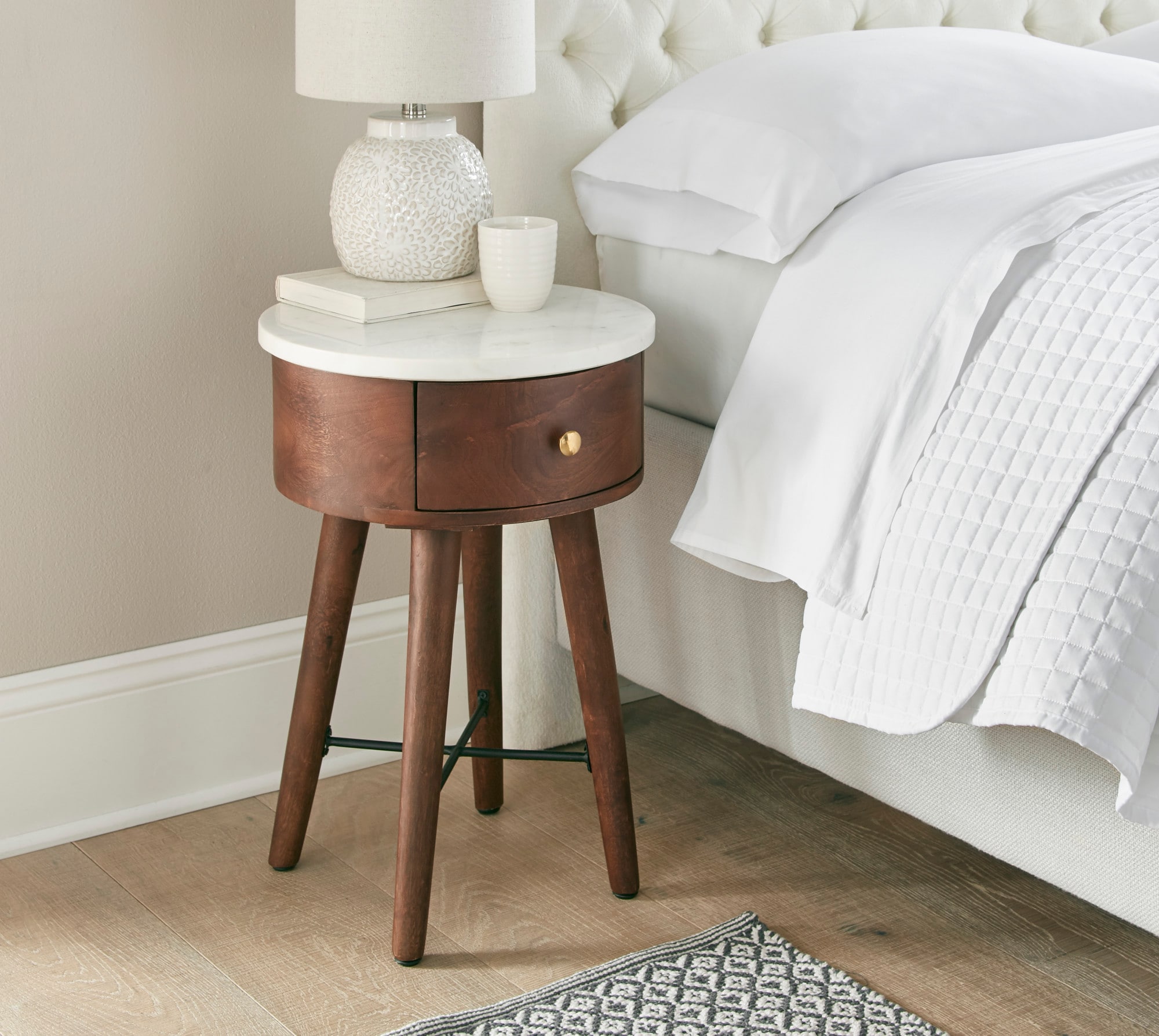 Bangalore 16" Brown Wood and White Marble Round End Table with Storage