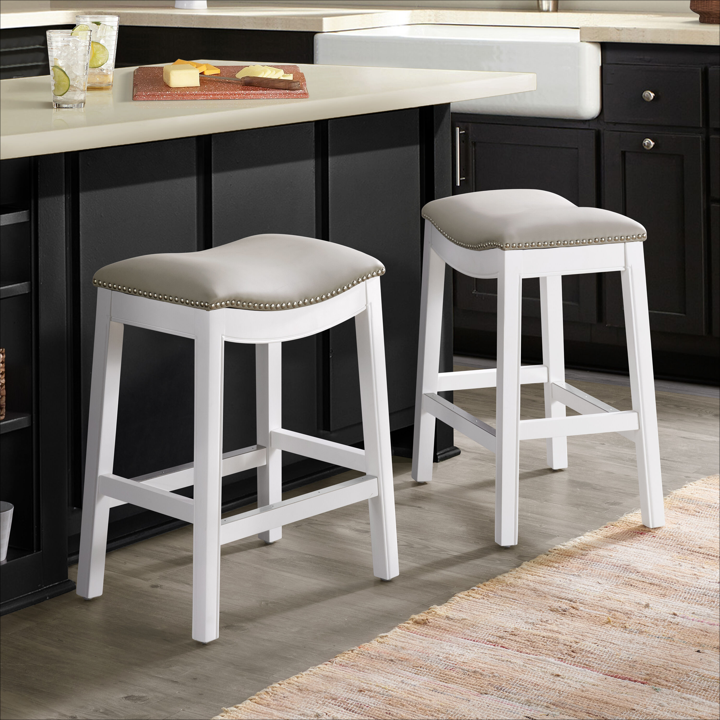 Alaterre Furniture ANWL03PDCR2 Williston Counter Height Stool Set of 2 White 26-in H Counter height (24-in to 27-in) Square Seat Upholstered Wood Bar Stool