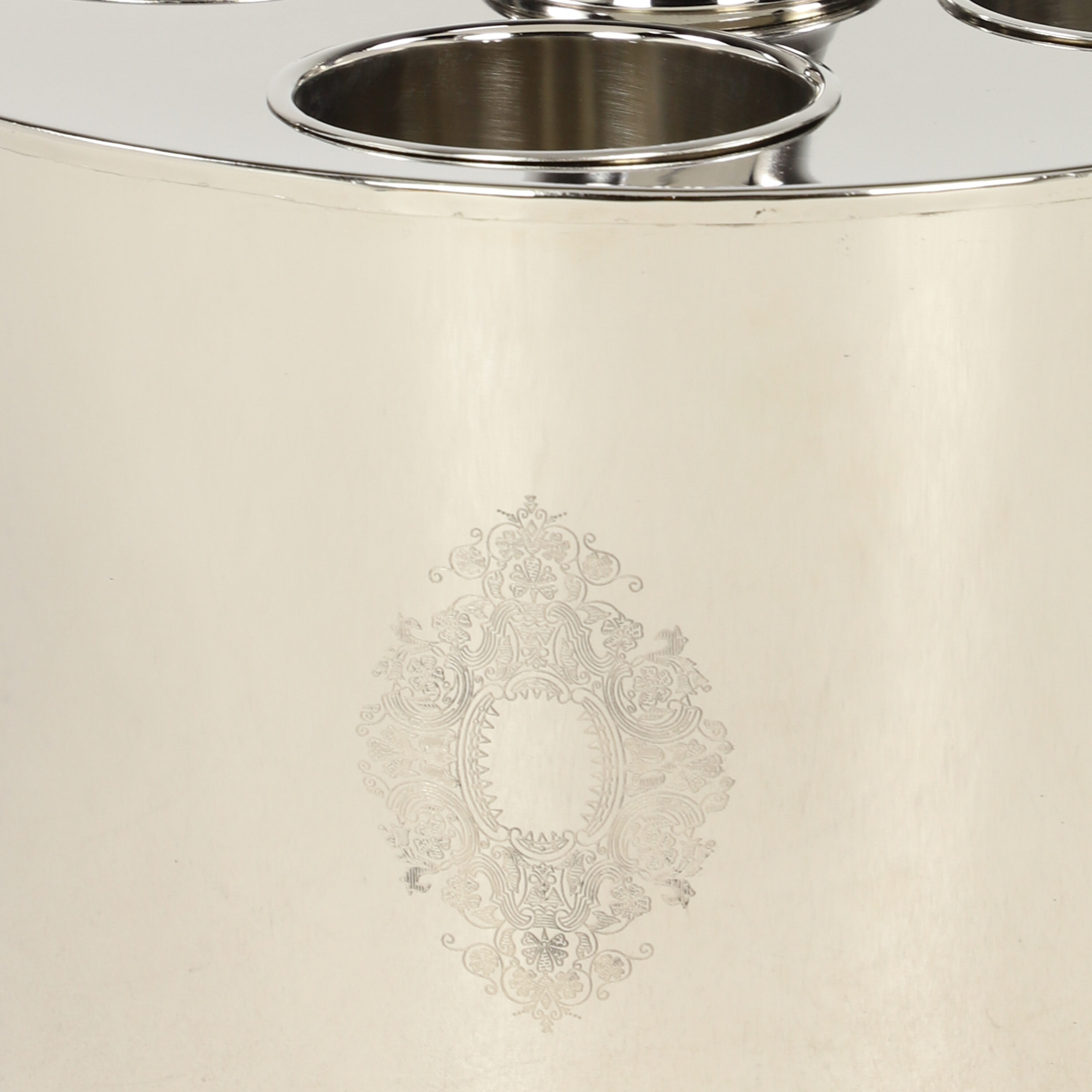 Large Oval Silver Metal Ice Bucket with Handles and Etching