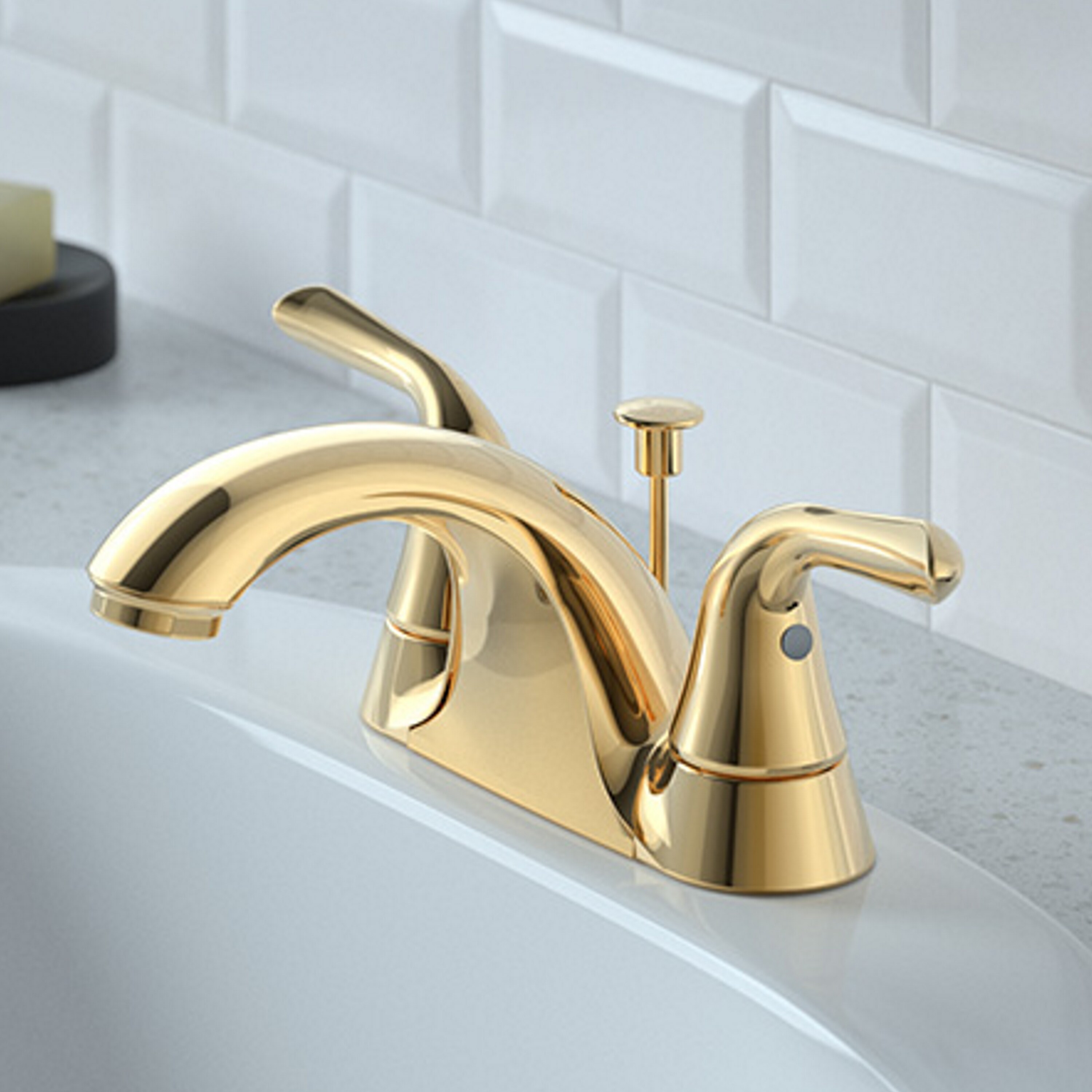 Project Source F51B0066YP Dover Brass 4-in centerset 2-handle WaterSense Mid-arc Residential Handle Bathroom Sink Faucet with Drain