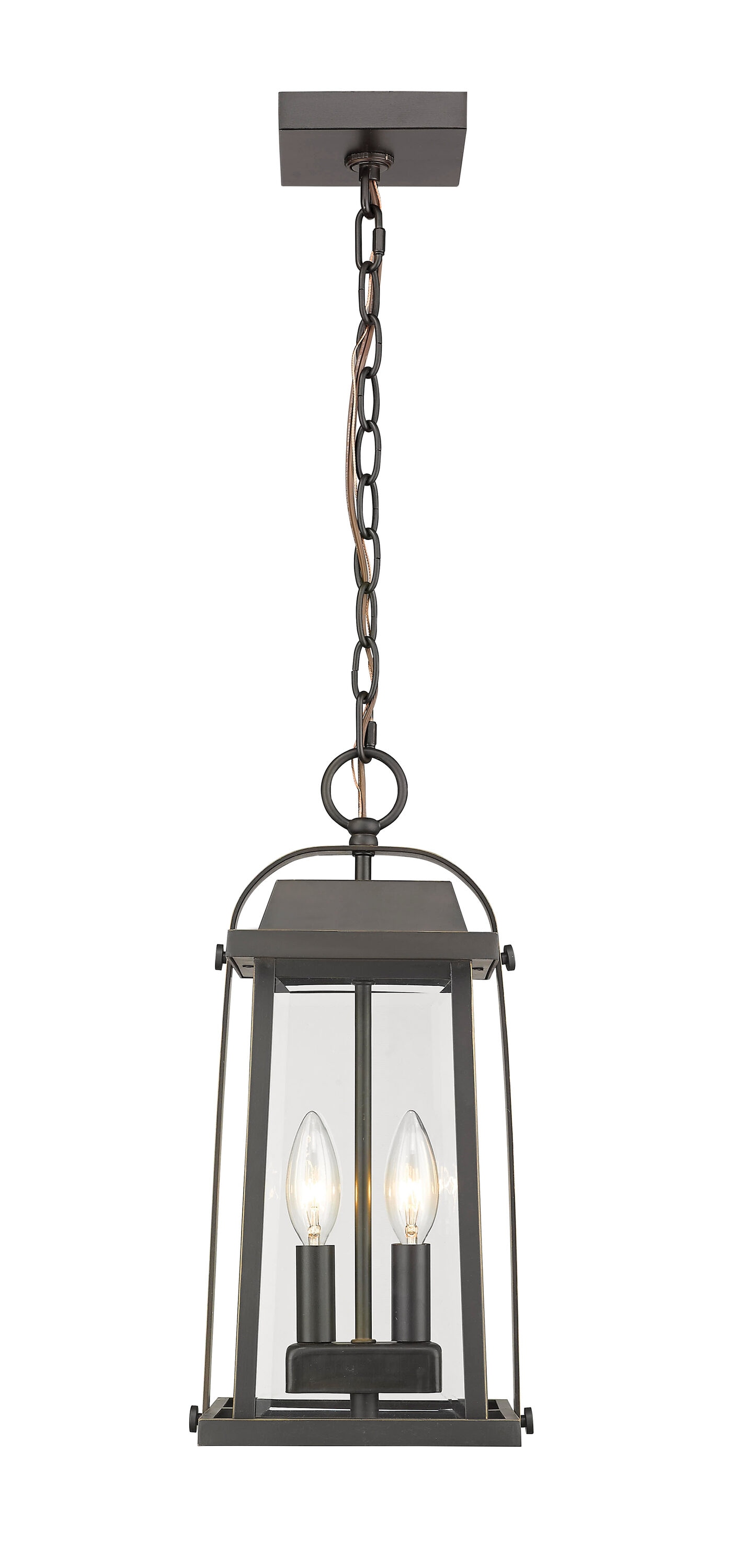 Z-Lite 574CHM-ORB Millworks 2-Light Oil Rubbed Bronze Vintage Beveled Glass Lantern Outdoor Hanging Pendant Light