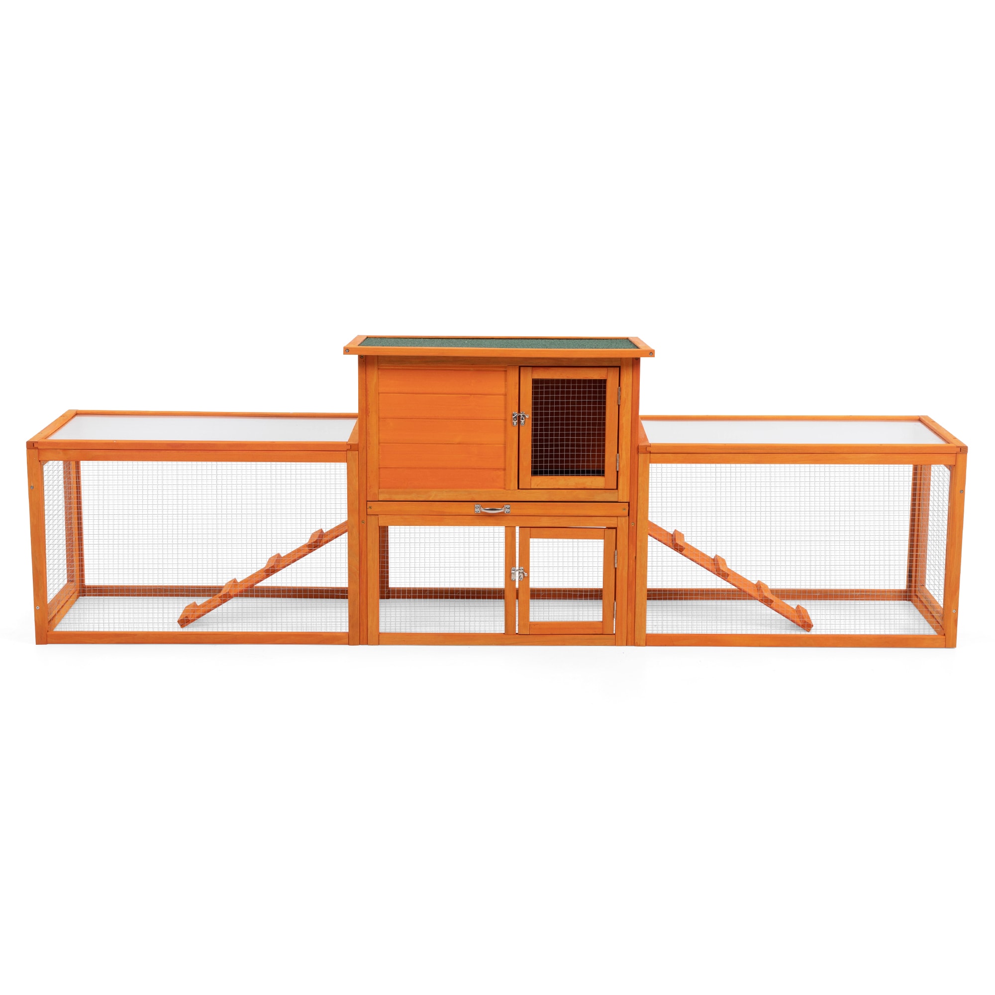 Large Orange Wood Rabbit Hutch with Ramps and Mesh Runs