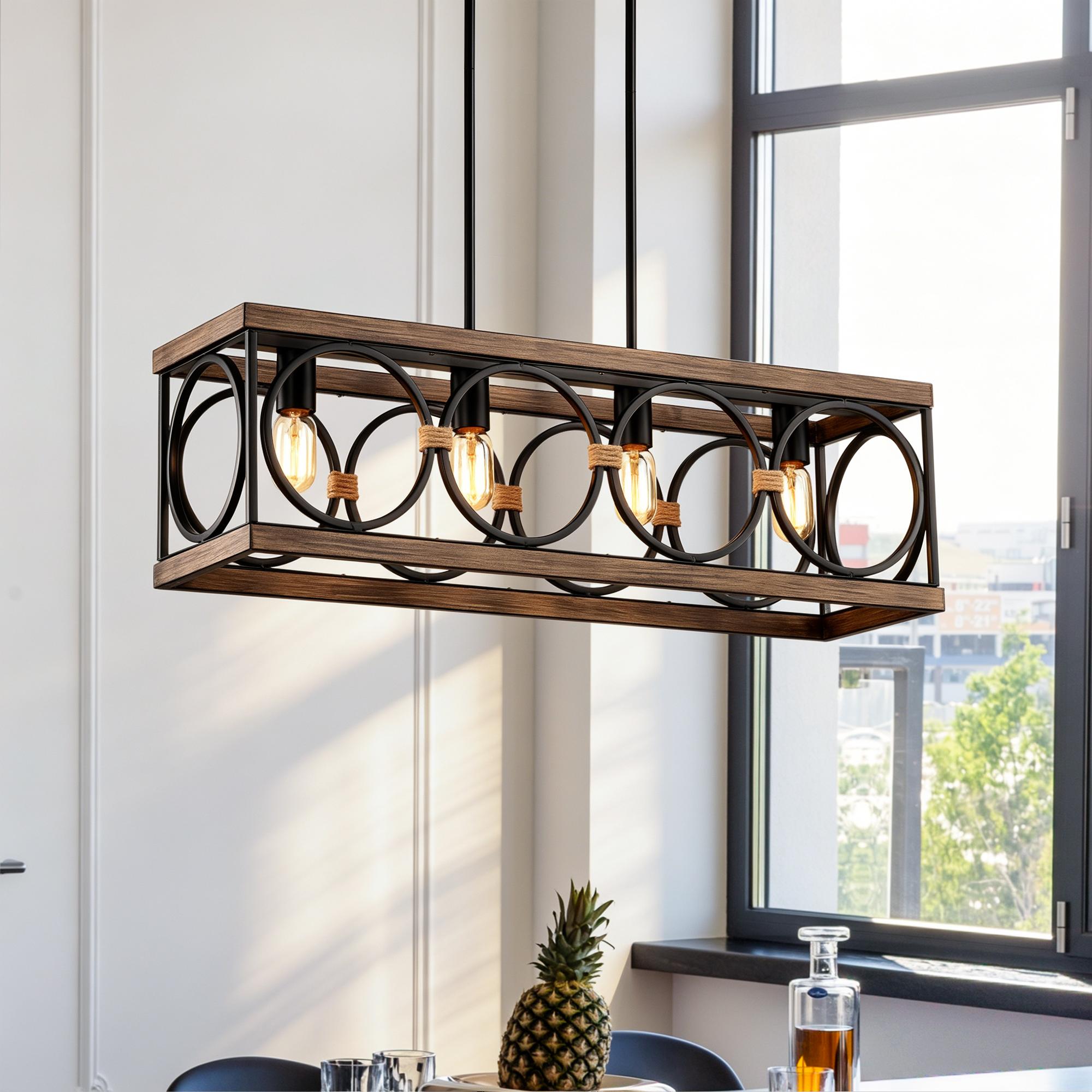 Bayfeve 4-Light 31.6-in Natural Wood Texture and Black Metal Rectangular Pendant Light (Bulb Not Included)