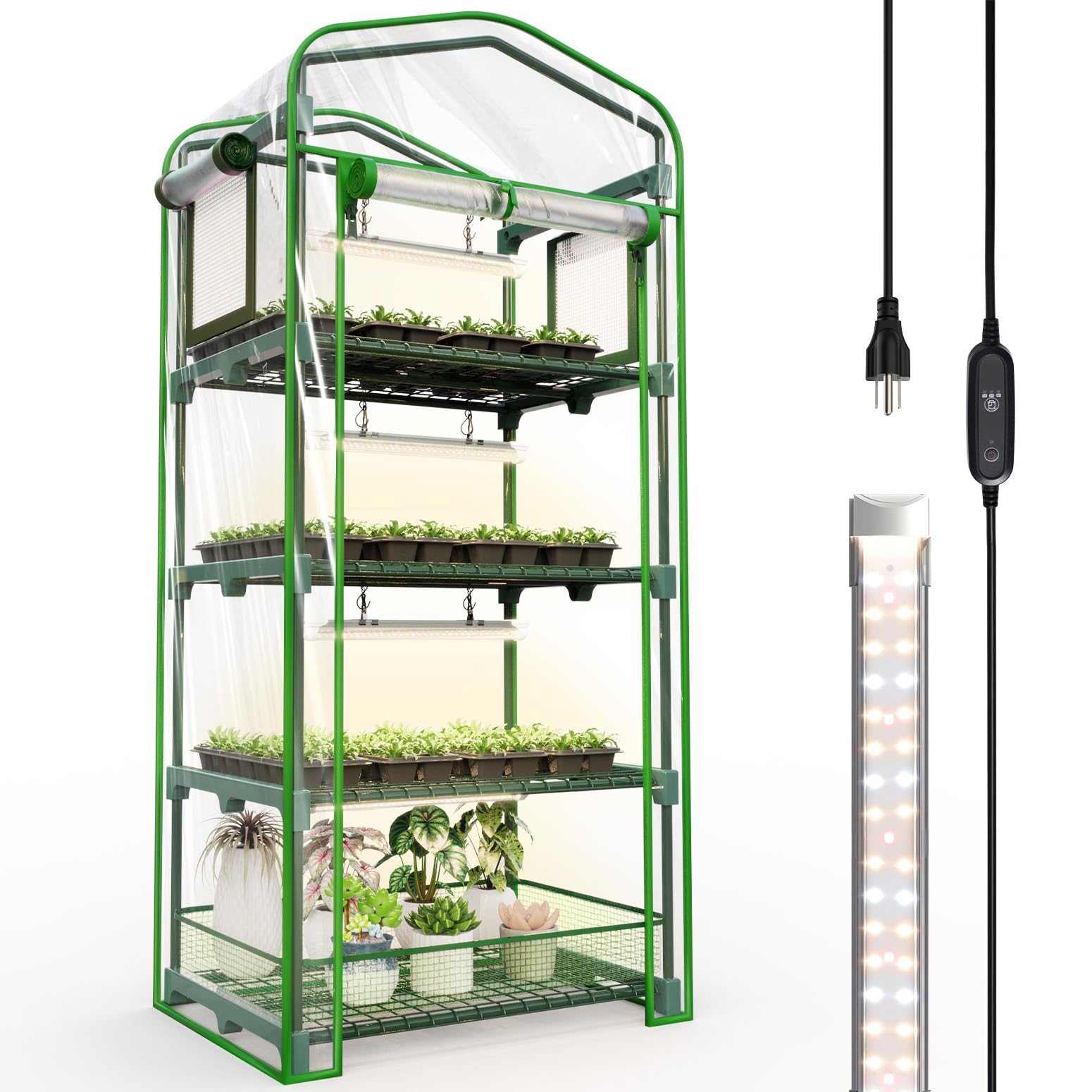 KHKFY KHKFY Indoor Greenhouse with 4 Tier Shelf Waterproof PVC Tent Airflow Windows Zipper Door 4 pcs Grow Lights with Timer for Seed Starting