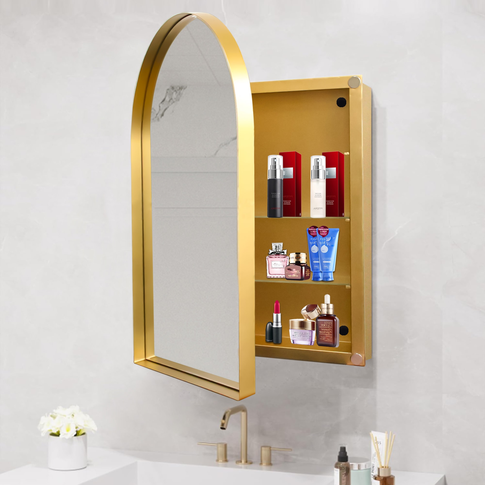 FAVSH  35.8-in x 24-in x 4.7-in Gold Bathroom Wall Cabinet with Mirror and Adjustable Shelves